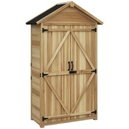 Outsunny - Outdoor Storage Cabinet with Waterproof Asphalt Roof, Wooden Garden Shed with Double Lockable Doors and Shelves - Natural Wood