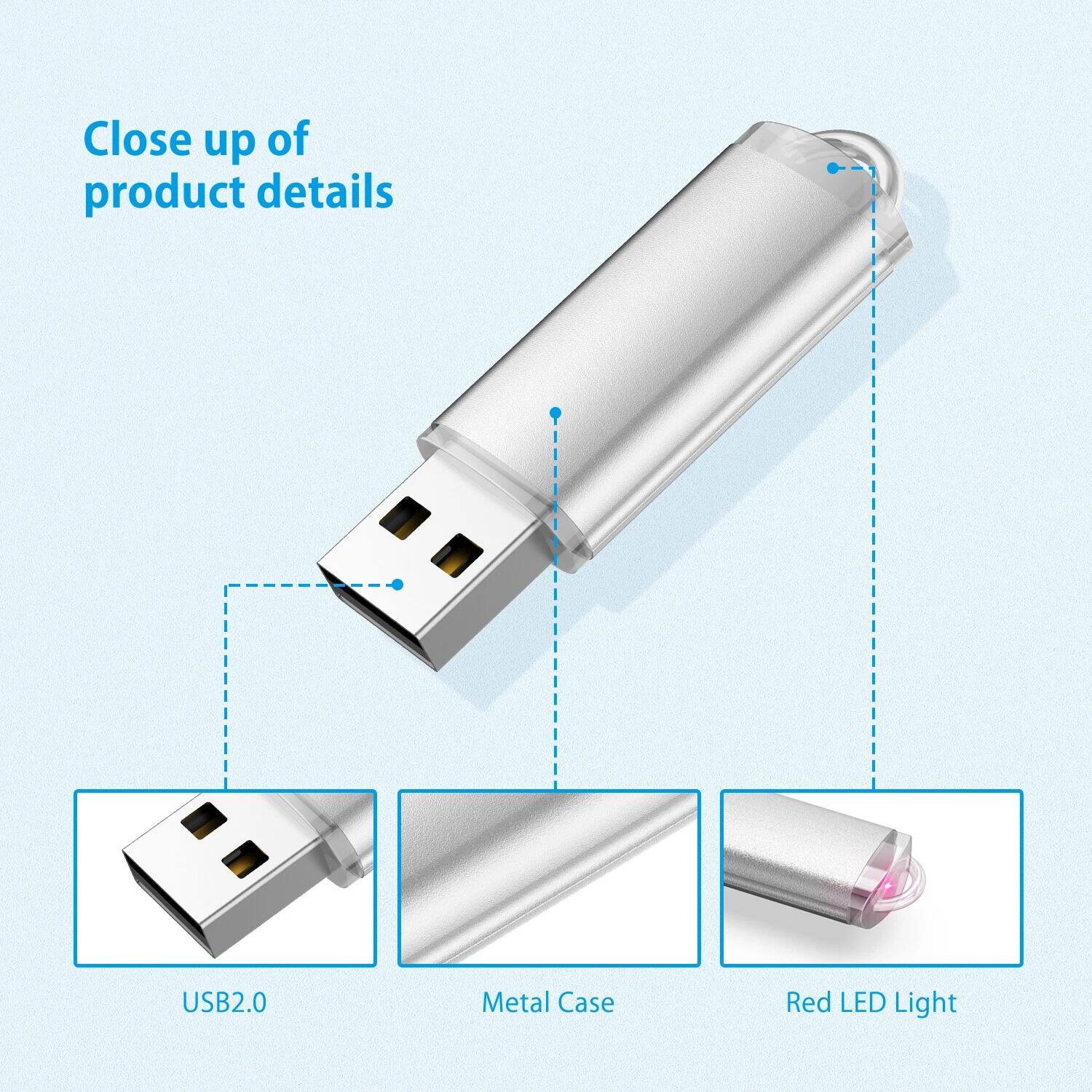 Close up of product details

USB2.0

Metal Case

Red LED Light