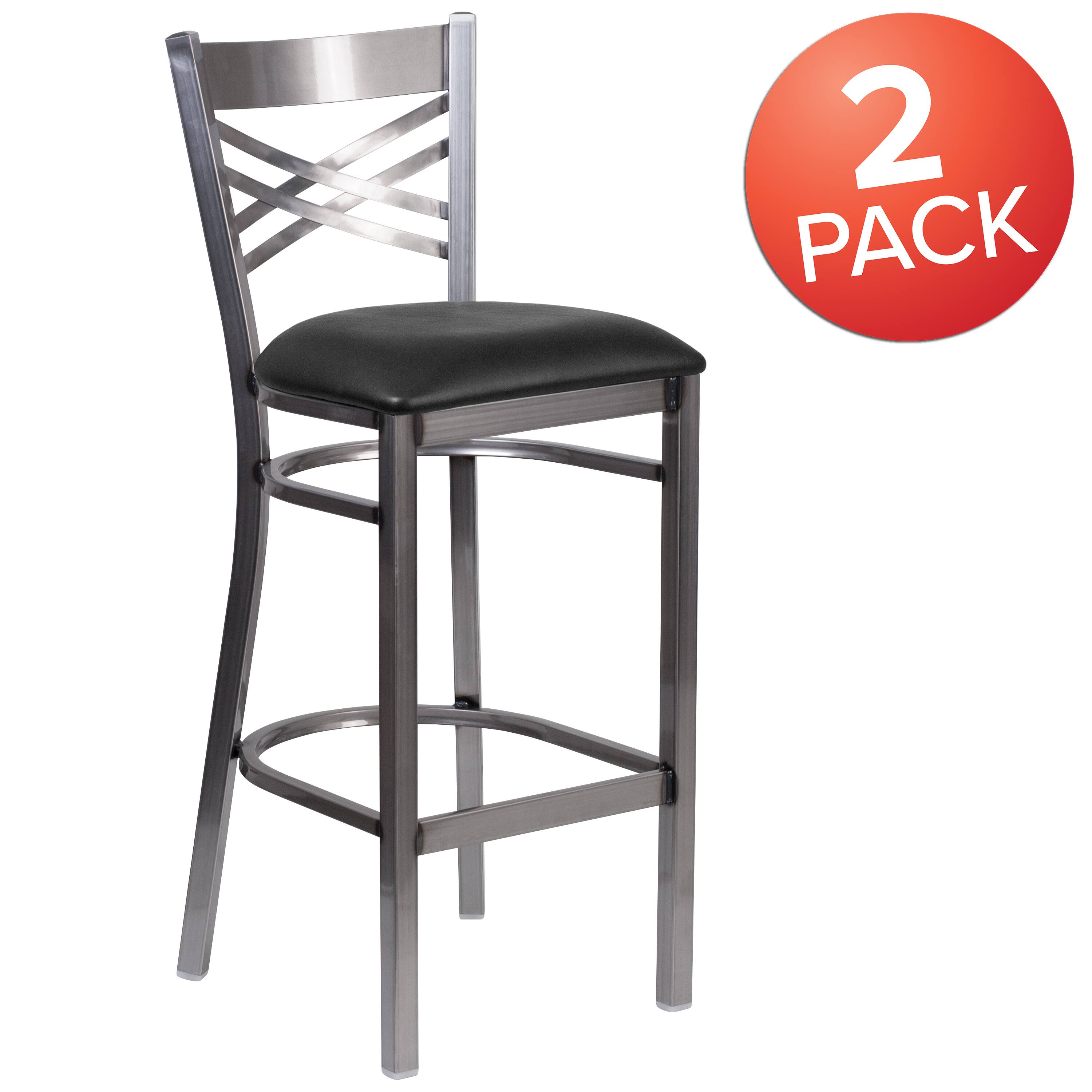 Alt View 1. Emma + Oliver - 2 Pack Clear Coated "X" Back Metal Restaurant Barstool - Black Vinyl Seat/Clear Coated Metal Frame.