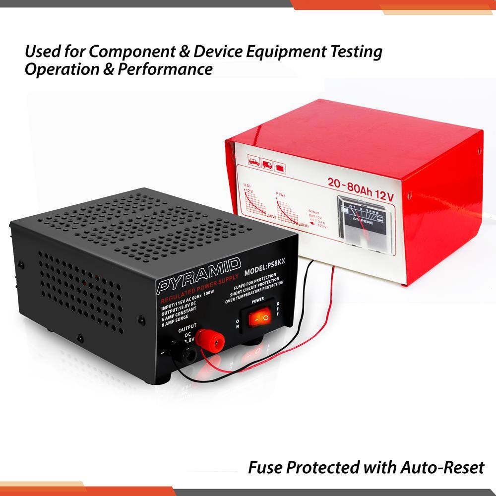 Used for Component & Device Equipment Testing Operation & Performance

20-80Ah 12V

MODEL: PS8KX

REGULATED POWER SUPPLY

INPUT: 115V AC 60W

OUTPUT: 13.5V DC 6 AMP CONSTANT

DC OUTPUT: 3.8V

Fuse Protected with Auto-Reset

PROTECTION: OVER TEMPERATURE, FUSED CIRCUIT PROTECTION, SHORT CIRCUIT PROTECTION, OVER CURRENT PROTECTION, POWER ON/OFF PROTECTION