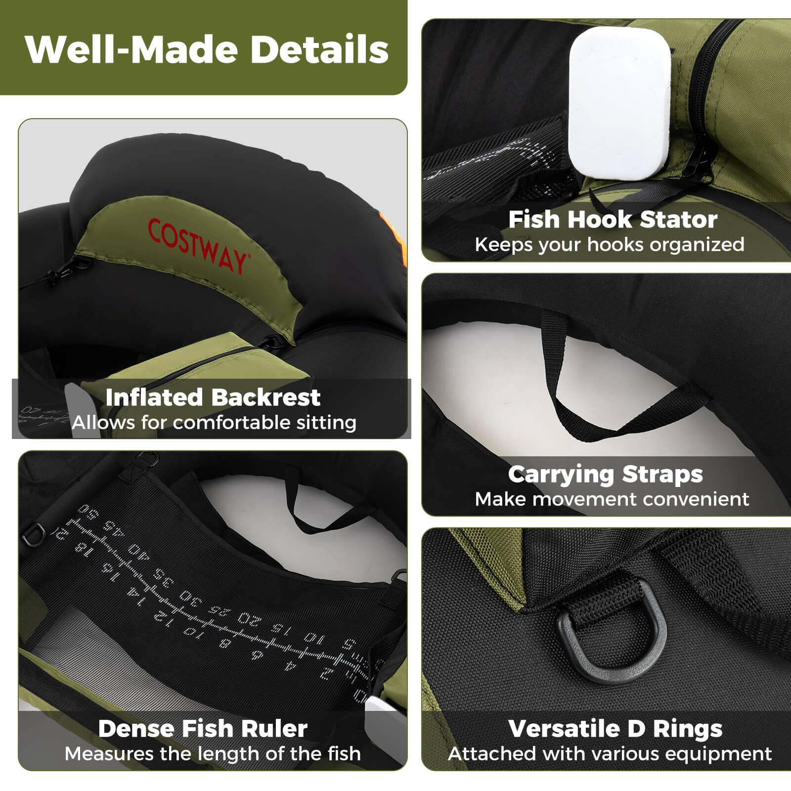 Well-Made Details

- Fish Hook Stator: Keeps your hooks organized
- Inflated Backrest: Allows for comfortable sitting
- Dense Fish Ruler: Measures the length of the fish
- Carrying Straps: Make movement convenient
- Versatile D Rings: Attached with various equipment