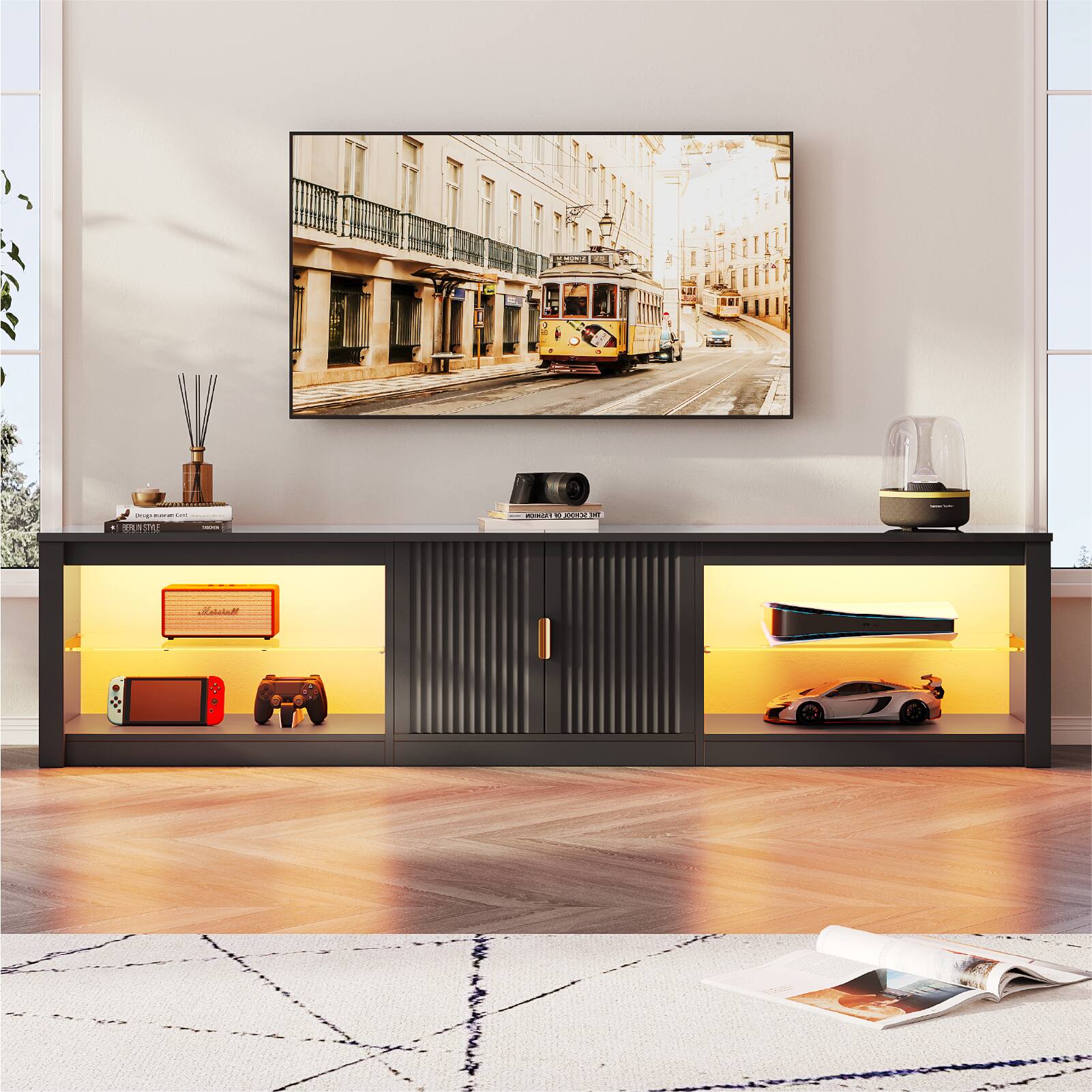 Alt View 1. Bestier - 80-inch TV Stand for 75-85 Inch TVs, LED Lights, Fluted Cabinet & Adjustable Shelves - Glossy Black.