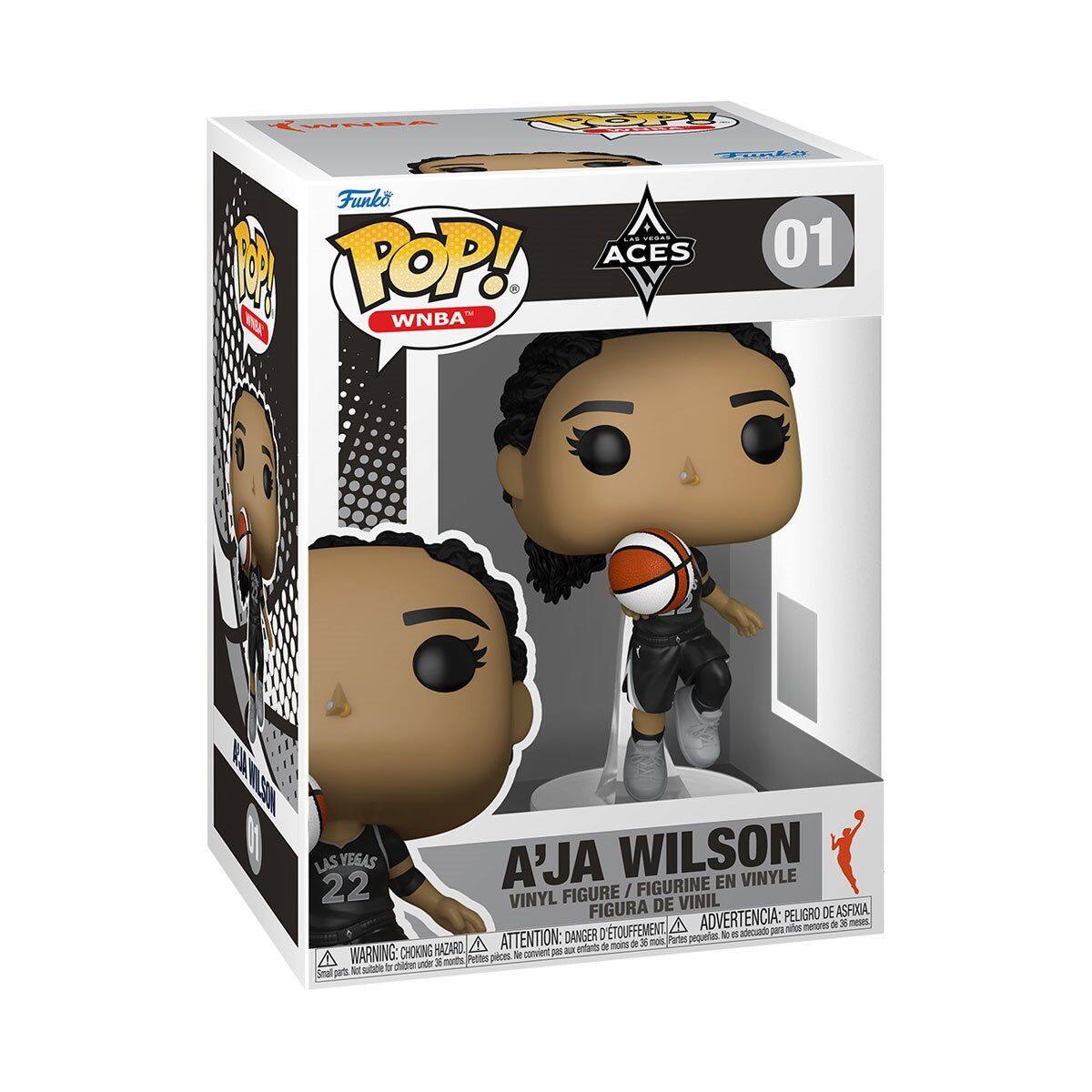 Sure, here is the corrected and grouped text from the image:

---

**Front:**

- Funko POP! WNBA
- ACES 01
- A'JA WILSON
- FIGURE / FIGURINE EN VINYLE / FIGURA DE VINIL
- WARNING: CHOKING HAZARD - Small parts. Not for children under 3 years. / ATTENTION: PELIGRO DE ASFIXIA - Piezas pequeñas. No es adecuado para niños menores de 3 años. / AVERTISSEMENT: DANGER D'ETOUFFEMENT - Petites pièces. Ne convient pas aux enfants de moins de 3 ans.

**Side:**

- A'JA WILSON
- LAS VEGAS
- 22

**Top:**

- Funko POP! WNBA
- ACES 01

**Bottom:**

- WARNING: CHOKING HAZARD - Small parts. Not for children under 3 years. / ATTENTION: PELIGRO DE ASFIXIA - Piezas pequeñas. No es adecuado para niños menores de 3 años. / AVERTISSEMENT: DANGER D'ET