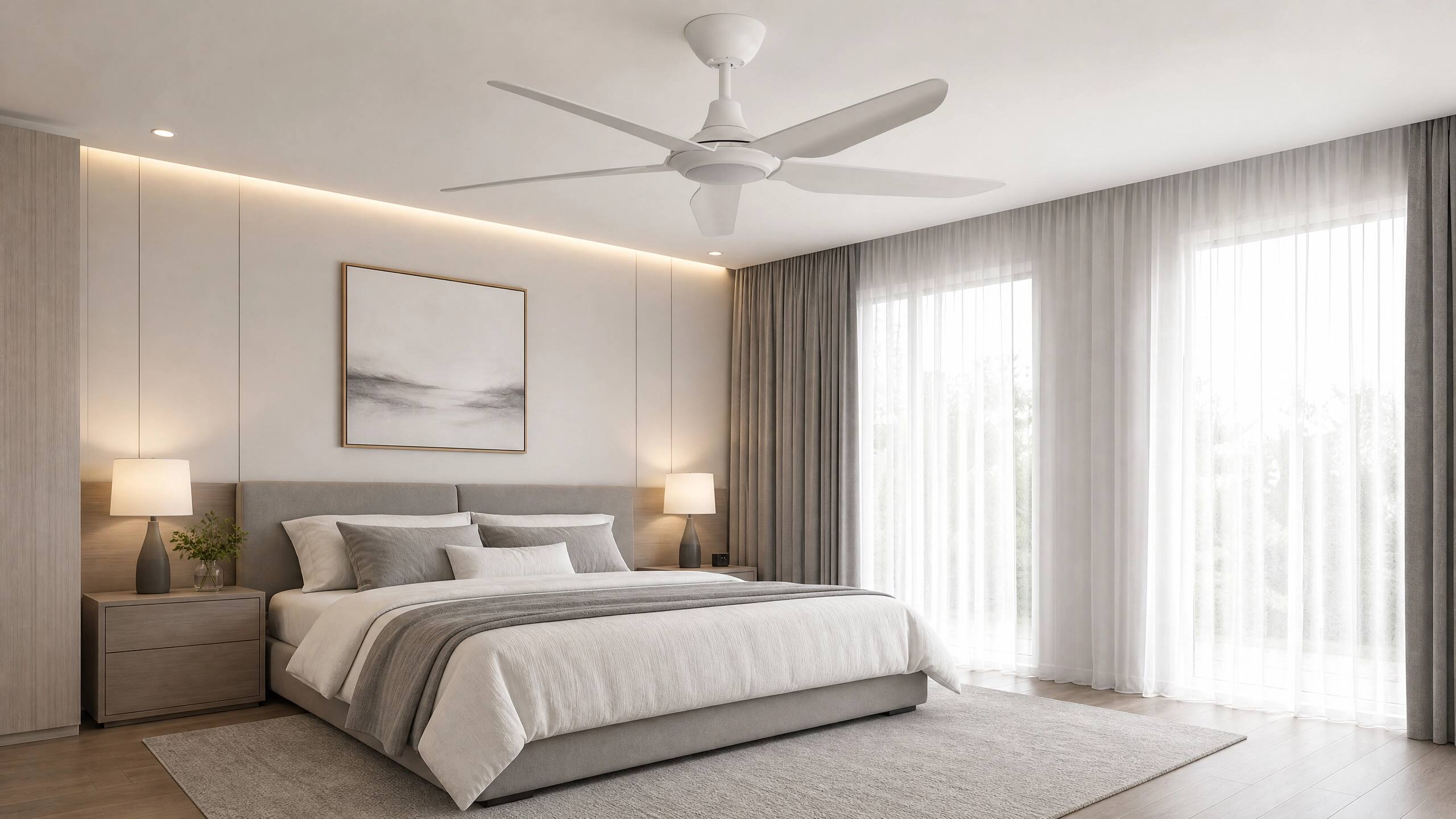 Left. ENLIGHT - 56" Smart Ceiling Fan, IP66 Outdoor/Coastal, CCT & Dimmable LED, Durable, Efficient + Quiet DC Motor, Matter, 5 Blades - White.
