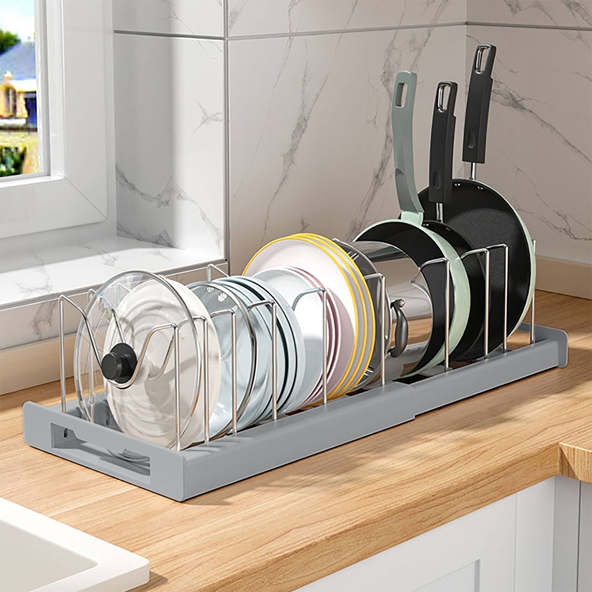 Front. Dazzed Corner - Adjustable Under-Cabinet Pot & Pan Organizer - Expandable Lid Rack With 10 Compartments For Cookware, Bakeware - grey.