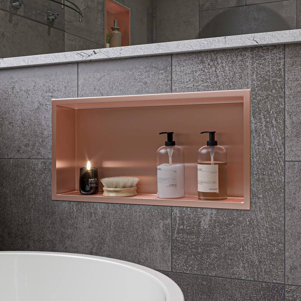 Left. Alfi - Brushed Copper PVD Stainless Steel Horizontal Single Shelf Shower Niche - Brown.