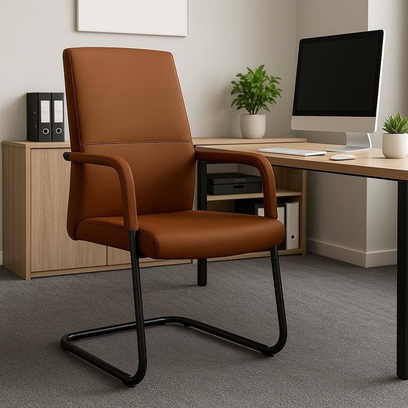 Angle. LeisureMod - Evander Leather Office Chair with Aluminum Frame, Fixed Armrests, Sponge Cushion, Easy-Clean Design & Quick Assembly - Dark Brown.