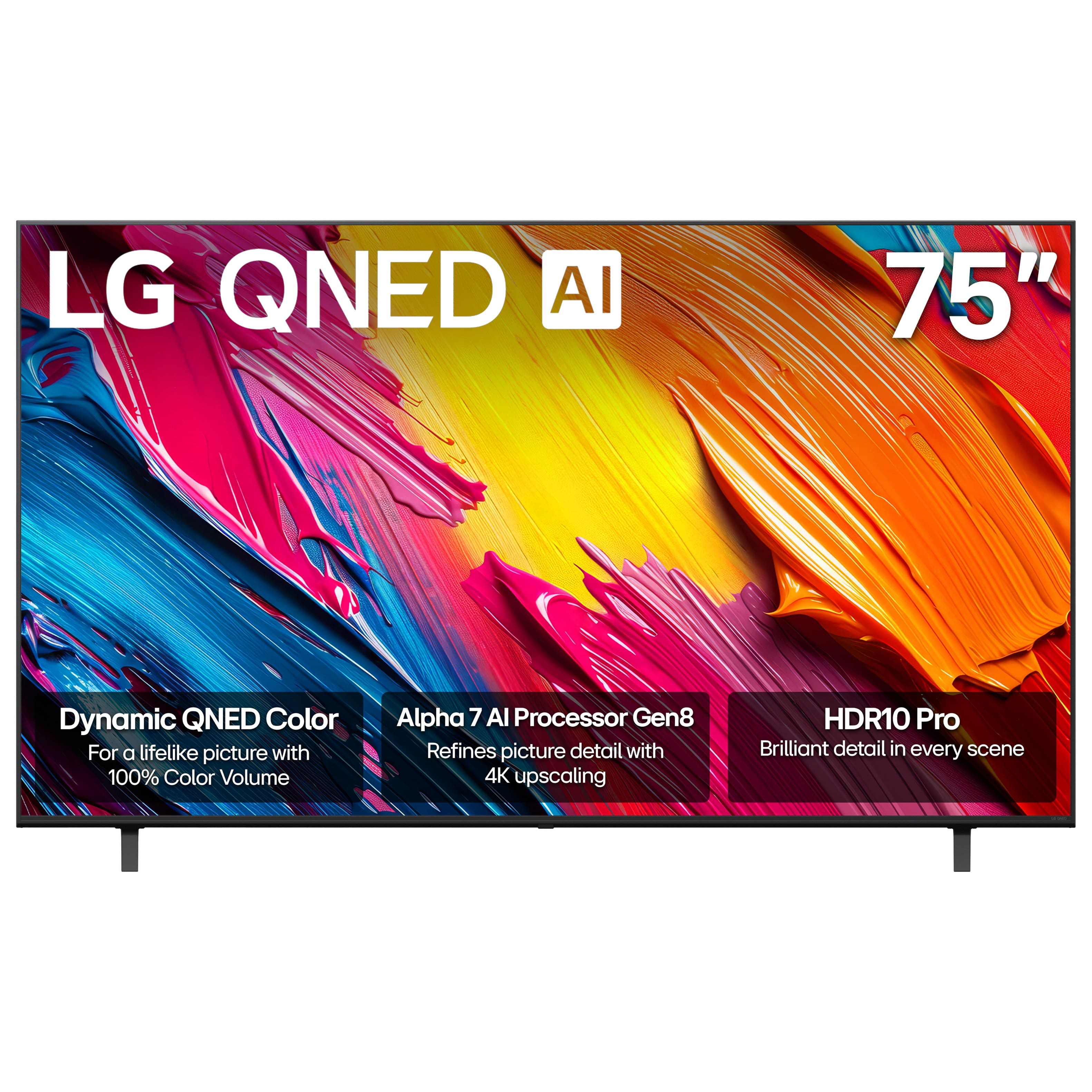LG QNED AI
75"
Dynamic QNED Color
For a lifelike picture with 100% Color Volume
Alpha 7 AI Processor Gen8
Refines picture detail with 4K upscaling
HDR10 Pro
Brilliant detail in every scene