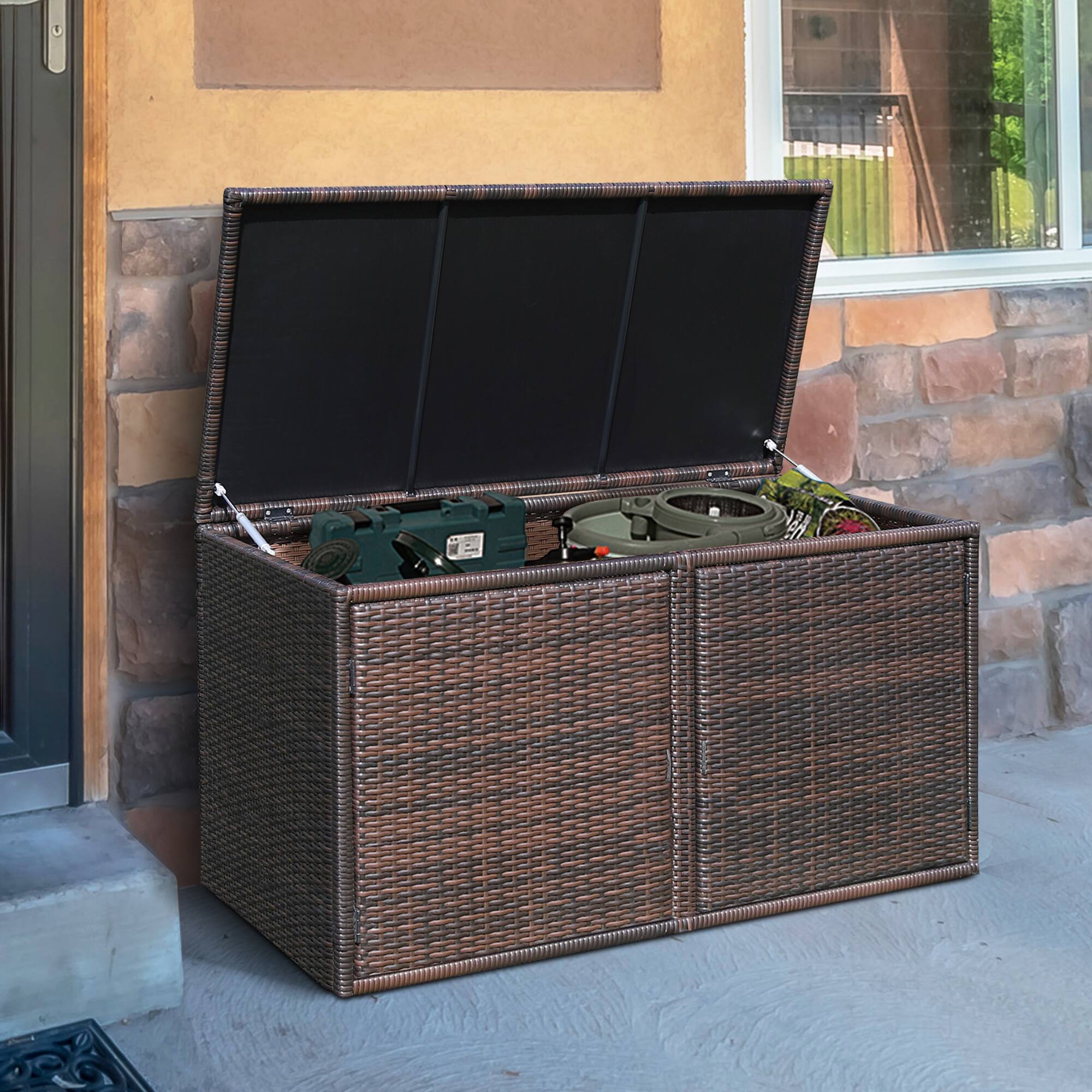 Alt View 4. Gymax - Gymax 88 Gallon Rattan Storage Box Outdoor Patio Container Seat w/ Door Mix Brown - Mix Brown.