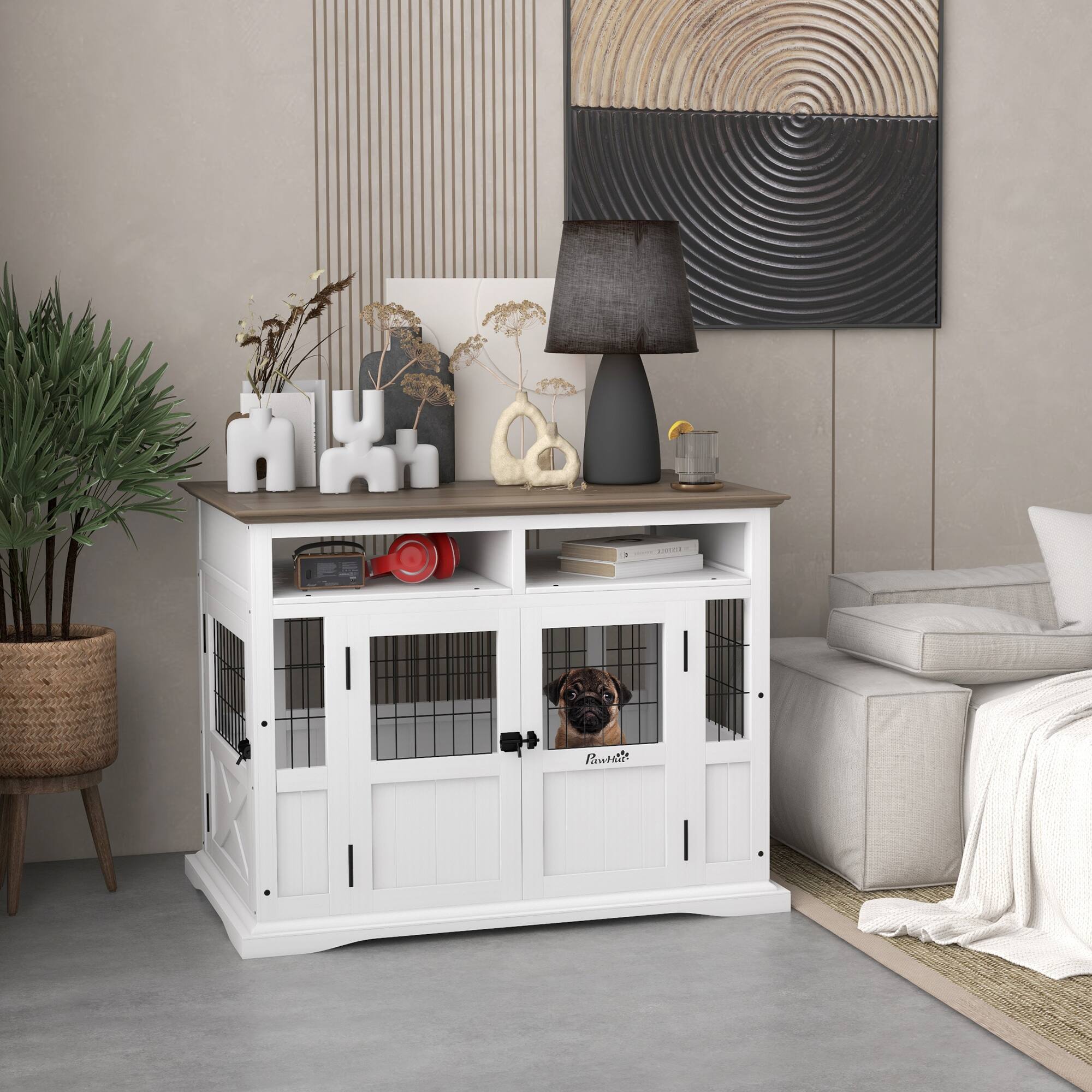 Angle. Pawhut - Dog Crate Furniture Side End Table with Storage, 41" Modern Wooden Dog Kennel with Double Doors.