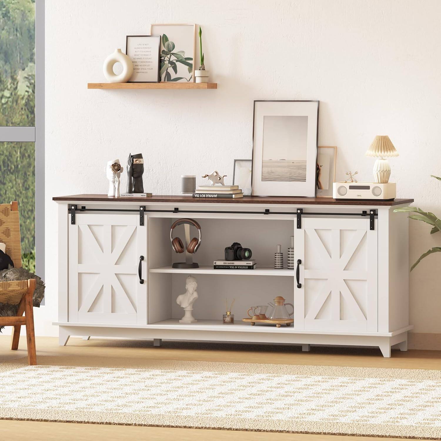 Alt View 2. GARVEE - Modern Farmhouse TV Stand, 66", Sliding Barn Doors, Storage, Power & USB, TV up to 75", Console, White - White.