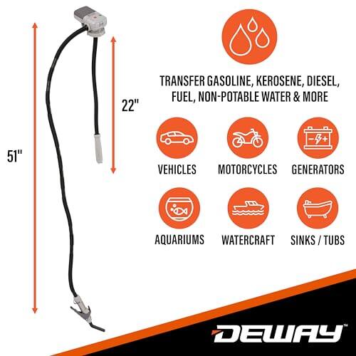 22" TRANSFER GASOLINE, KEROSENE, DIESEL, FUEL, NON-POTABLE WATER & MORE

51" VEHICLES MOTORCYCLES GENERATORS AQUARIUMS WATERCRAFT SINKS/KS/TUB

DEWAY