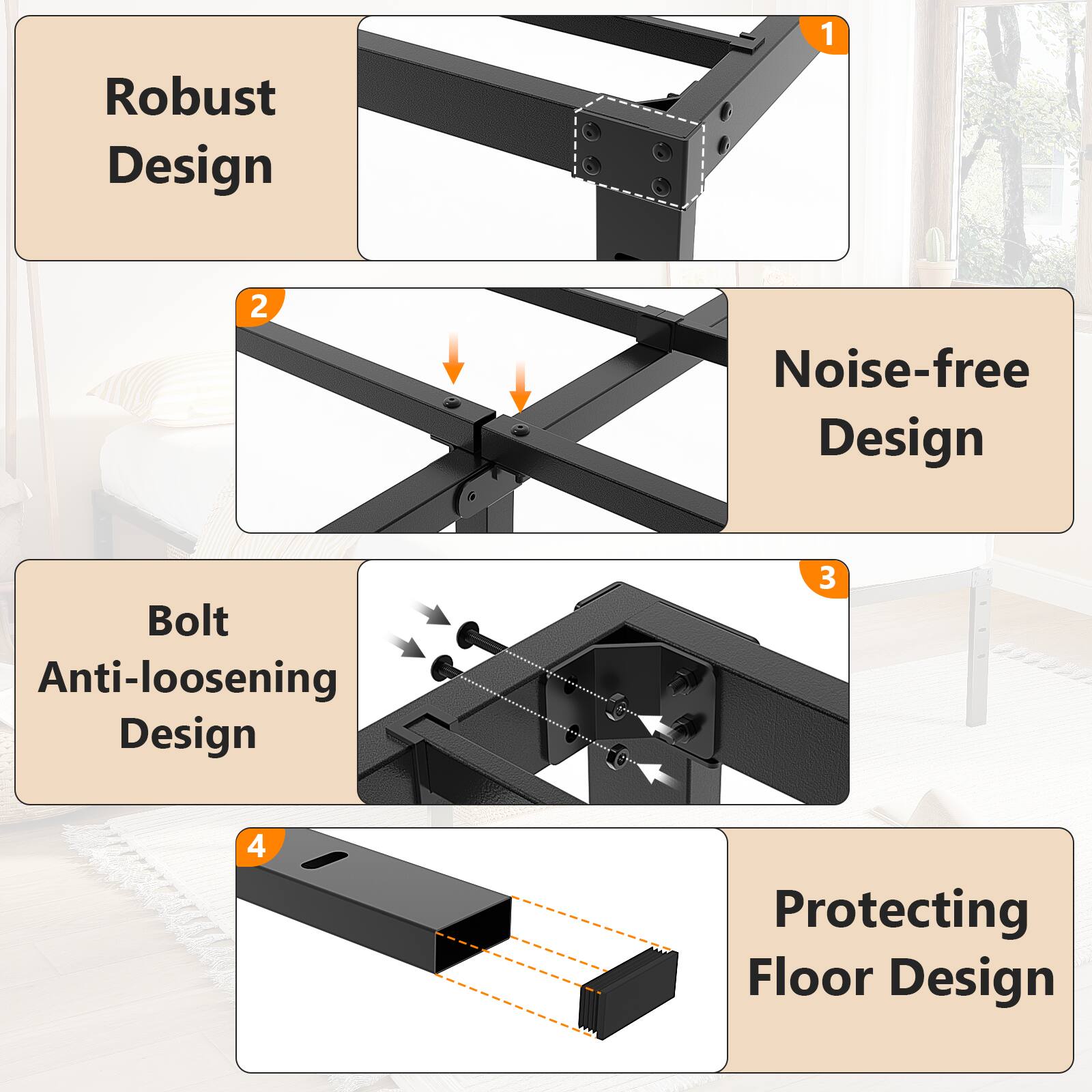 1. Robust Design  
2. Noise-free Design  
3. Bolt Anti-loosening Design  
4. Protecting Floor Design