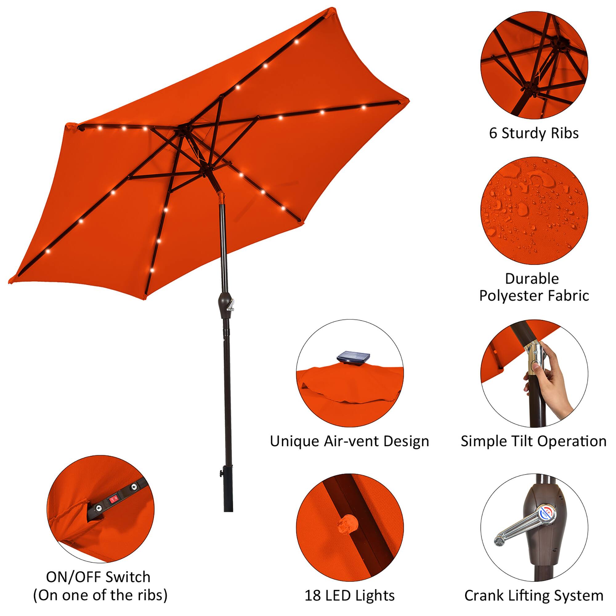 The image features an orange umbrella with a unique air-vent design and a simple tilt operation. It has 6 sturdy ribs made of durable polyester fabric. The umbrella also has an ON/OFF switch on one of the ribs, and it is equipped with 18 LED lights. Additionally, the umbrella comes with a crank lifting system, making it a versatile and functional accessory.