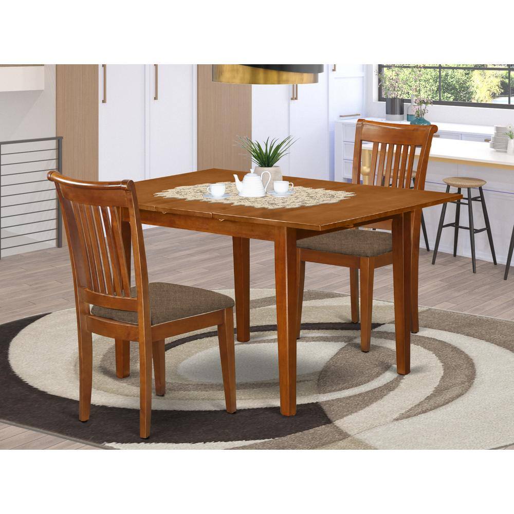 Back. East West Furniture - MLPO3-SBR-C 3 Pc set Milan Kitchen Table featuring Leaf and 2 Cushiad Seat Chairs in Saddle Brown . - Saddle Brown.