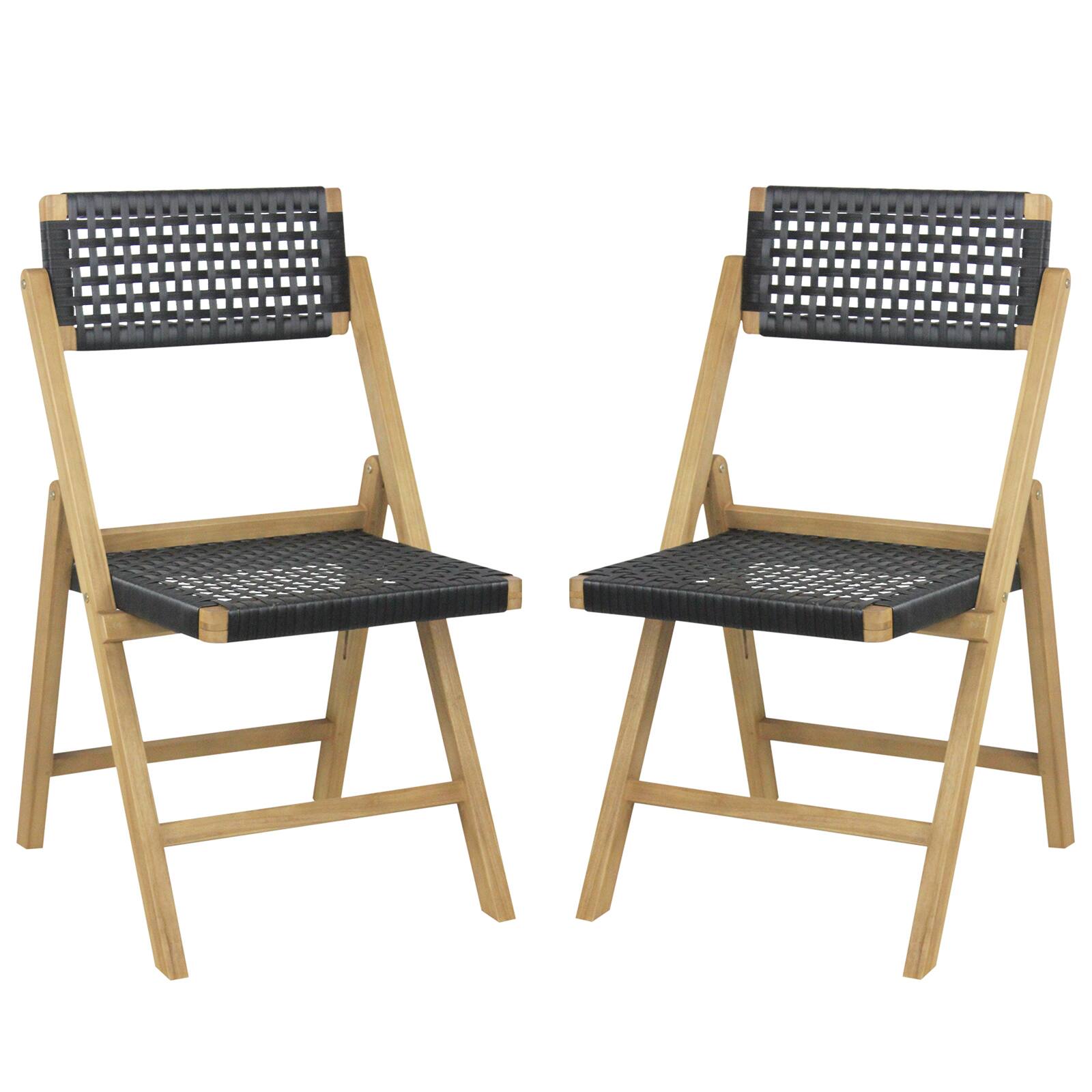 Alt View 5. Gymax - Gymax 2PCS Folding Chairs w/ Woven Rope Seat & High Back Indonesia Teak Patio - Natural, Black.