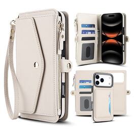 Dteck - Crossbody RFID Blocking Zipper Wallet Card For iPhone 17 Pro Max Handbag Magnetic Kickstand Wrist Strap Case - White