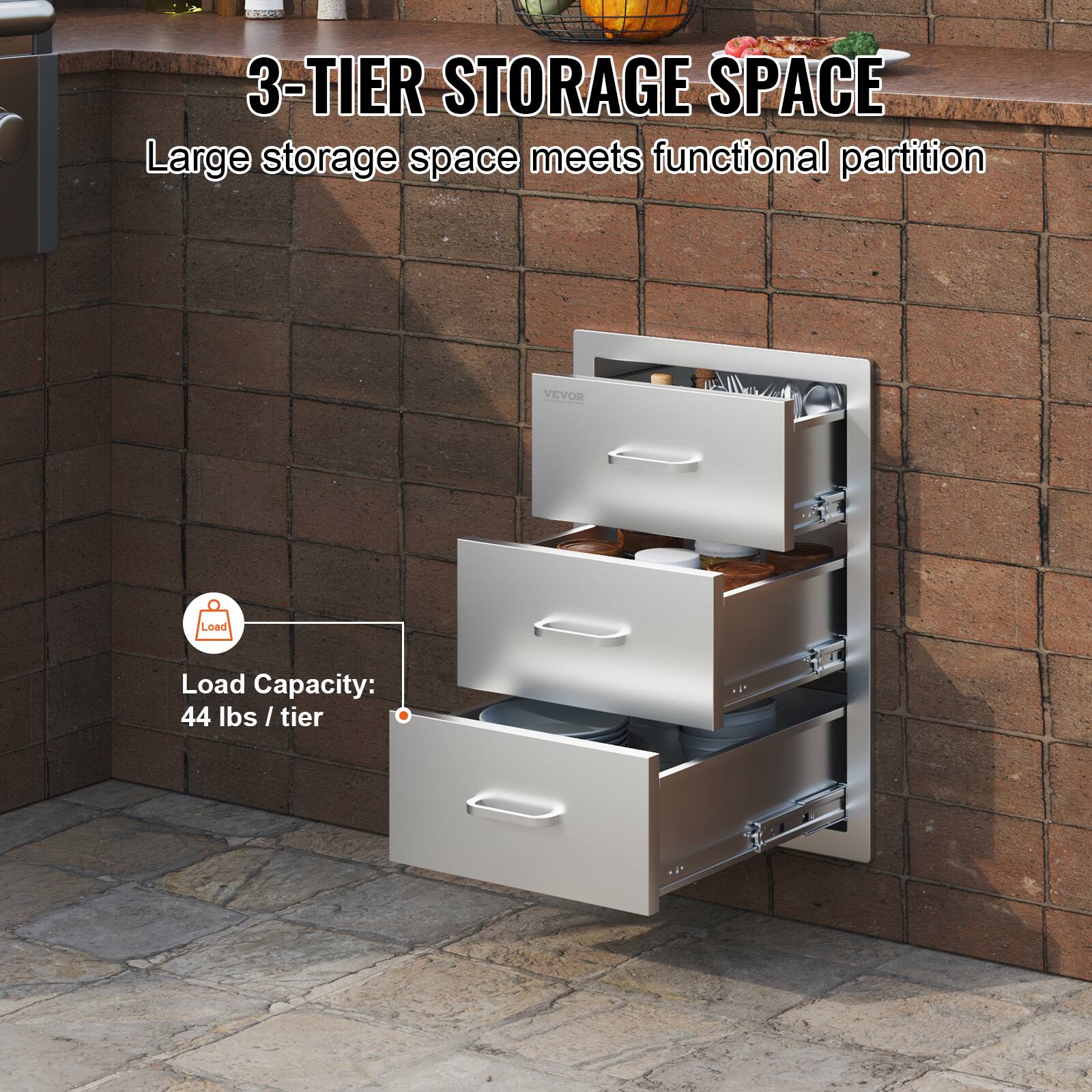3-TIER STORAGE SPACE  
Large storage space meets functional partition  

Load Capacity:  
44 lbs / tier