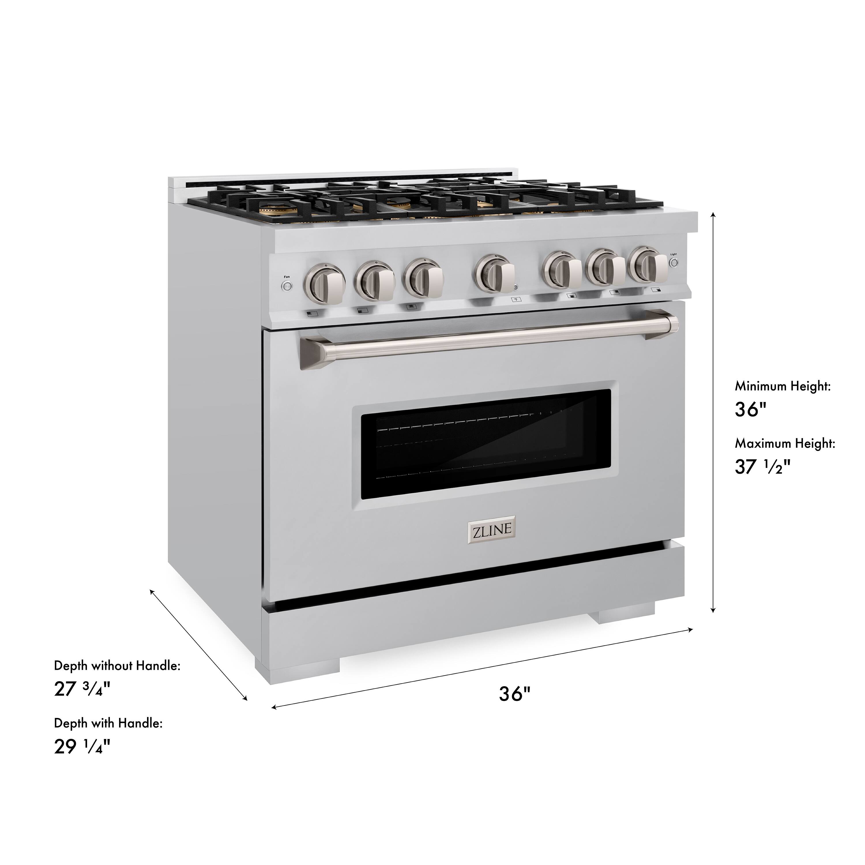 AAAN - 00 000aO0O G 000

Minimum Height: 36"
Maximum Height: 37 1/2"

ZLINE Depth without Handle: 27 3/4"
Depth with Handle: 29 1/4"