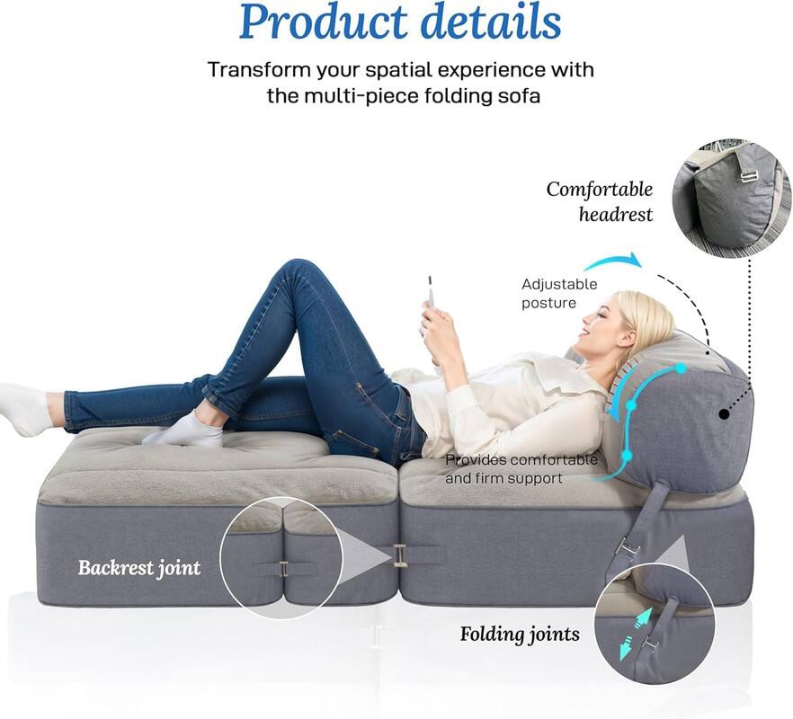 Product details

Transform your spatial experience with the multi-piece folding sofa

- Comfortable headrest
- Adjustable posture
- Provides comfortable and firm support
- Backrest joint
- Folding joints