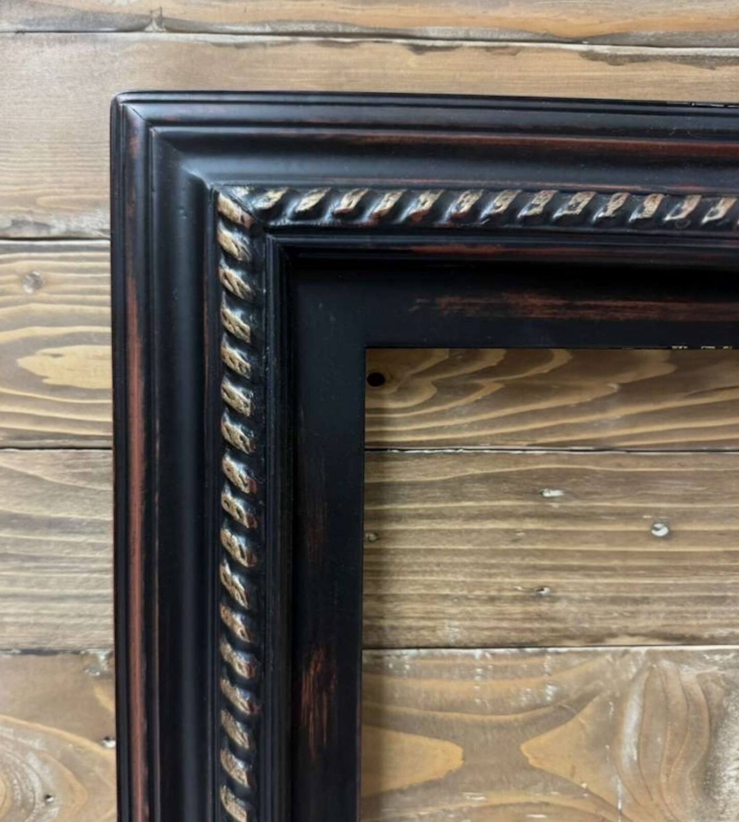 Back. LAREDO FRAME FACTORY - 43 inch Handmade Ornate Tv frame for Samsung The Frame tv and Frame Pro Model - DISTRESSED BLACK WITH GOLD.