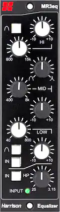 MR3eq
- HI: -10 to +10, 800 to 15k
- MID: -10 to +10, 400 to 8k
- LOW: -10 to +10, 40 to 800
- IN: -10 to +10
- IN HP: 25 to 3.15
Harrison Equalizer