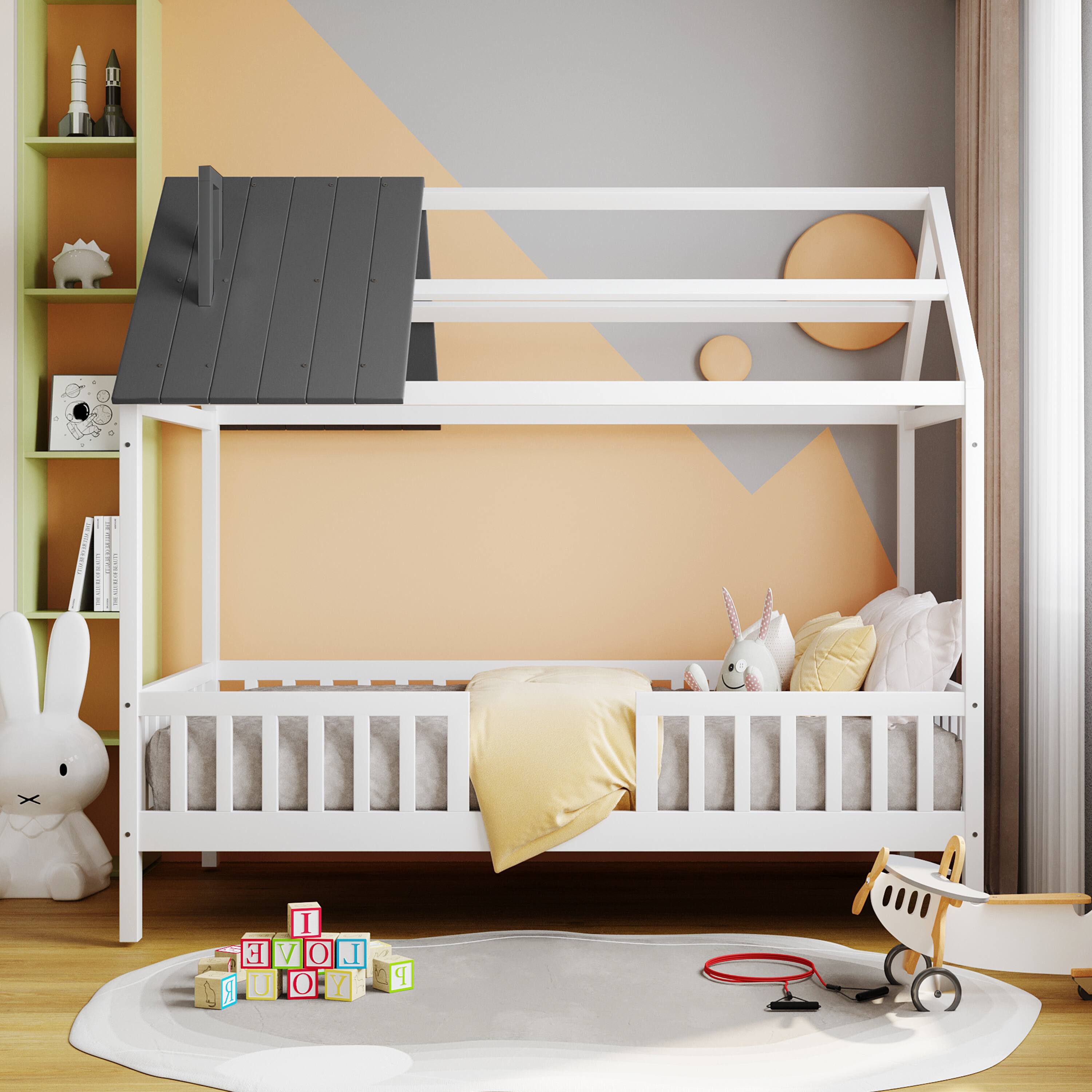 Angle. Aukfa - Twin Size Wood House Bed with Fence - White.
