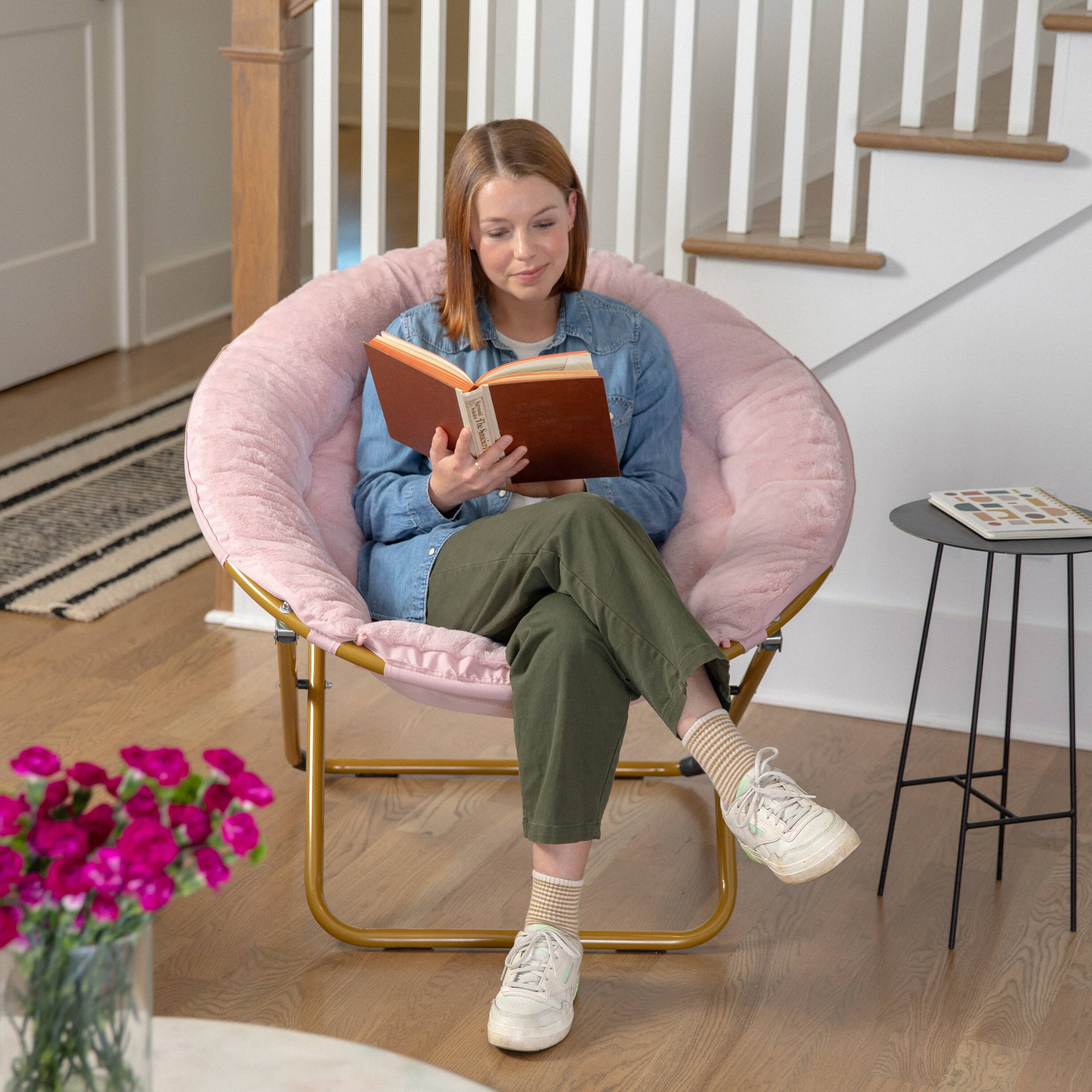 Alt View 4. Emma + Oliver - Ersa Oversize Folding Saucer Chair with Cozy Faux Fur Cushion and Metal Frame for Dorms, Bedrooms, Apartments and More - Blush Faux Fur/Soft Gold Frame.