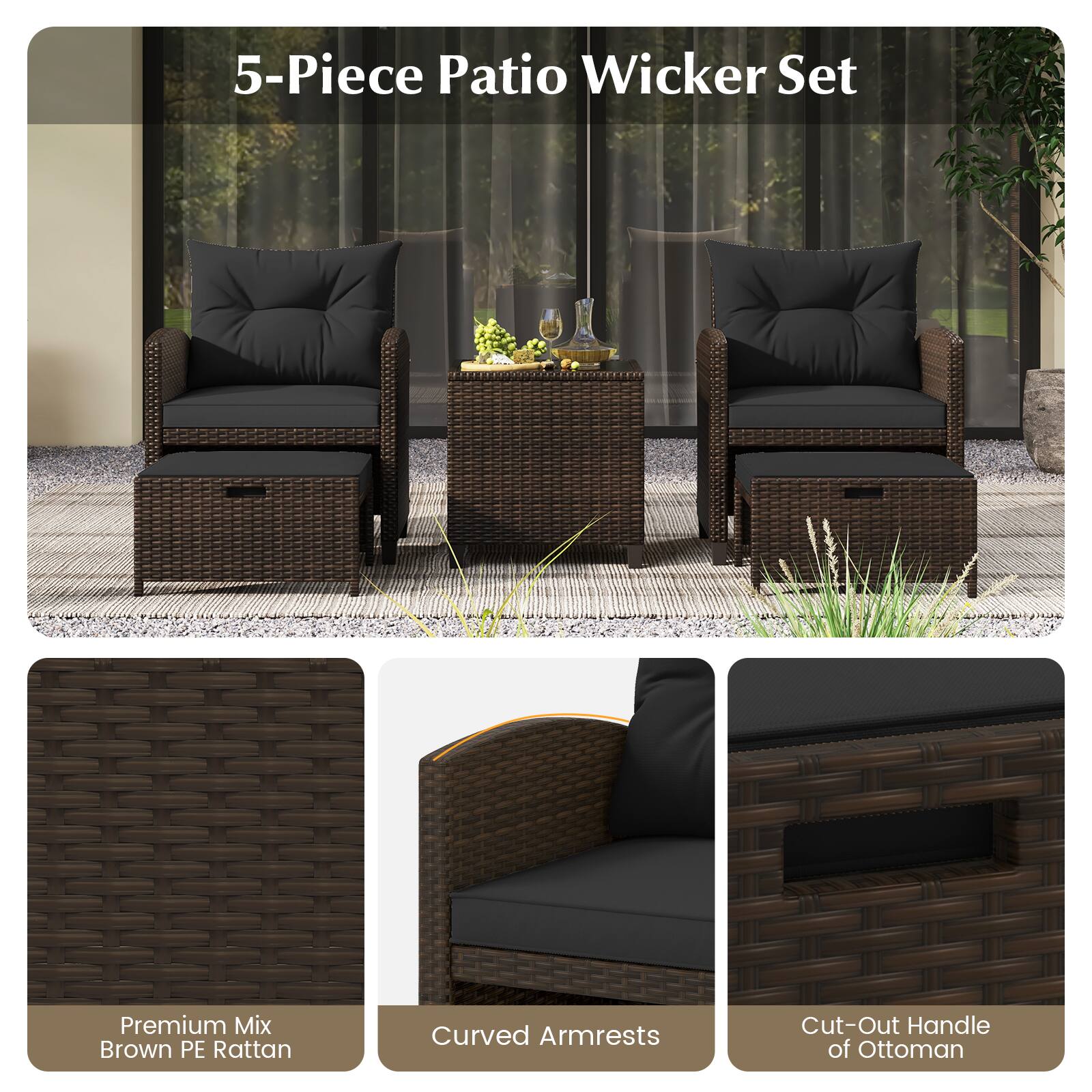 5-Piece Patio Wicker Set Premium Mix Brown PE Rattan Curved Armrests Cut-Out Handle of Ottoman