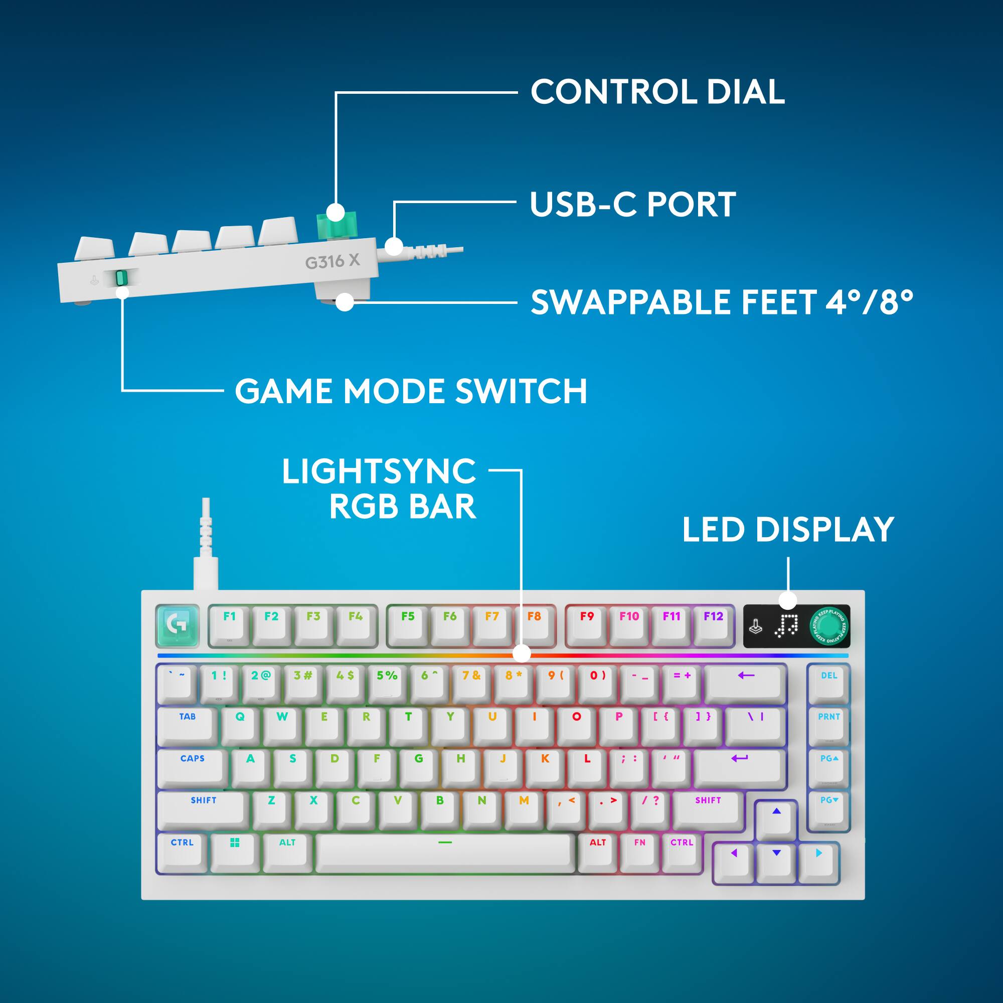 CONTROL DIAL  
USB-C PORT  
G316 X  
1000  
SWAPPABLE FEET 4/8°  
GAME MODE SWITCH  
LIGHTSYNC RGB BAR  
LED DISPLAY  
F1  
F2  
F3  
F4  
F5  
F6  
F7  
F8  
F9  
F10  
F11  
F12  
1!  
2@  
3#  
4$  
5%  
6^  
7&  
8*  
9(  
0)  
=+  
DEL  
TAB  
Q  
W  
E  
R  
T  
Y  
U  
I  
O  
P  
[ ]  
}  
PRINT  
CAPS  
A  
S  
D  
F  
G  
H  
J  
K  
L  
;  
SHIFT  
Z  
X  
C  
V  
B  
N  
M  
/  
SHIFT  
PGY  
CTRL  
ALT  
ALT  
FN  
CTRL