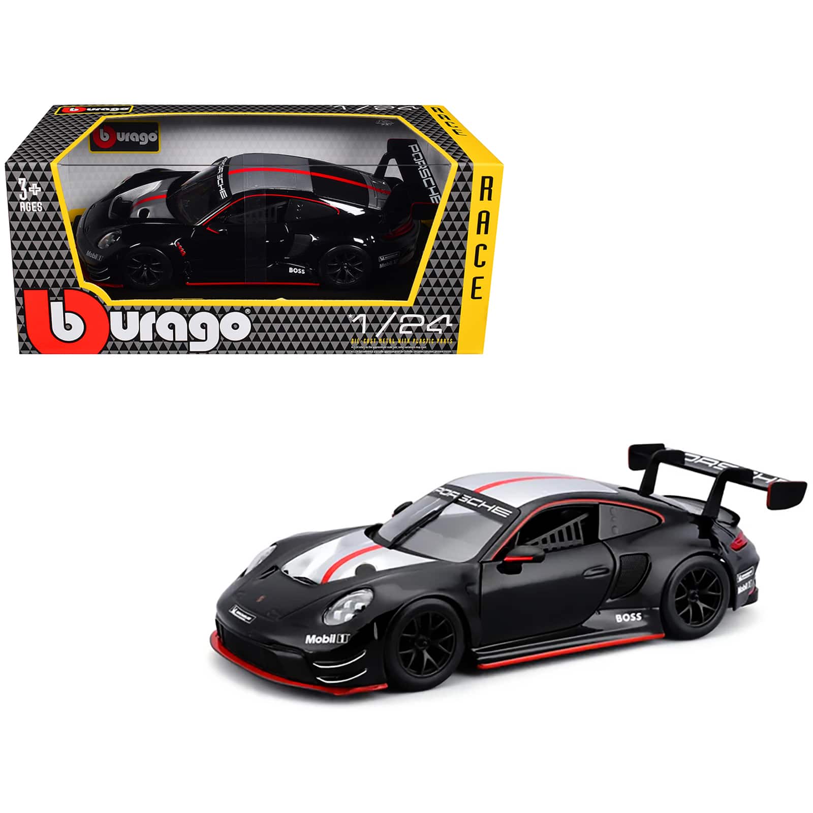 "Porsche 911 GT3 R Black with Silver Hood and Top and Red Stripe ""Race"" Series 1/24 Diecast Model Car by Bburago" price history on PriceWatchPro