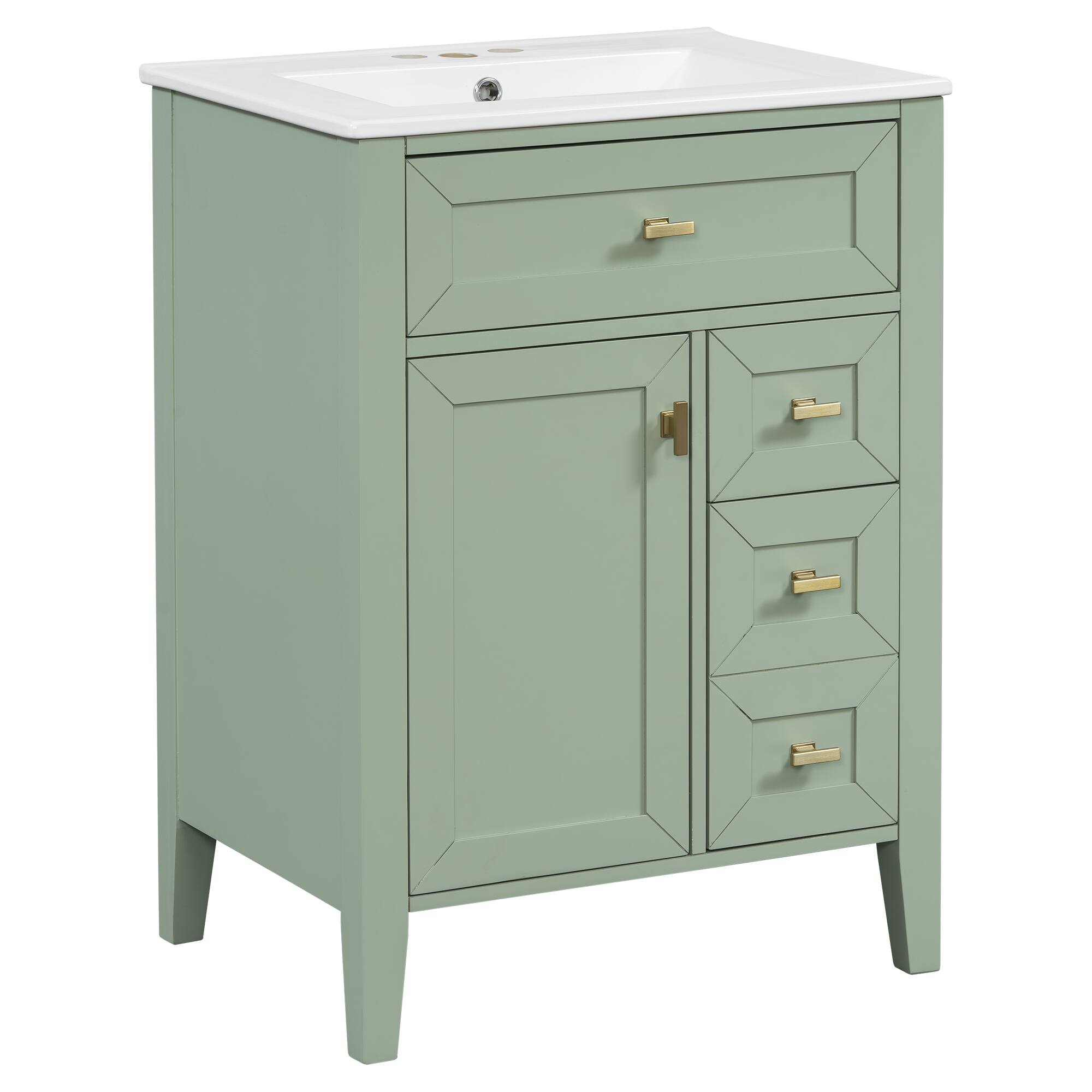 Left. Whisen - 24-Inch Freestanding Bathroom Vanity with Ceramic Sink, 3 Drawers & 2 Door Storage Rack - Green.