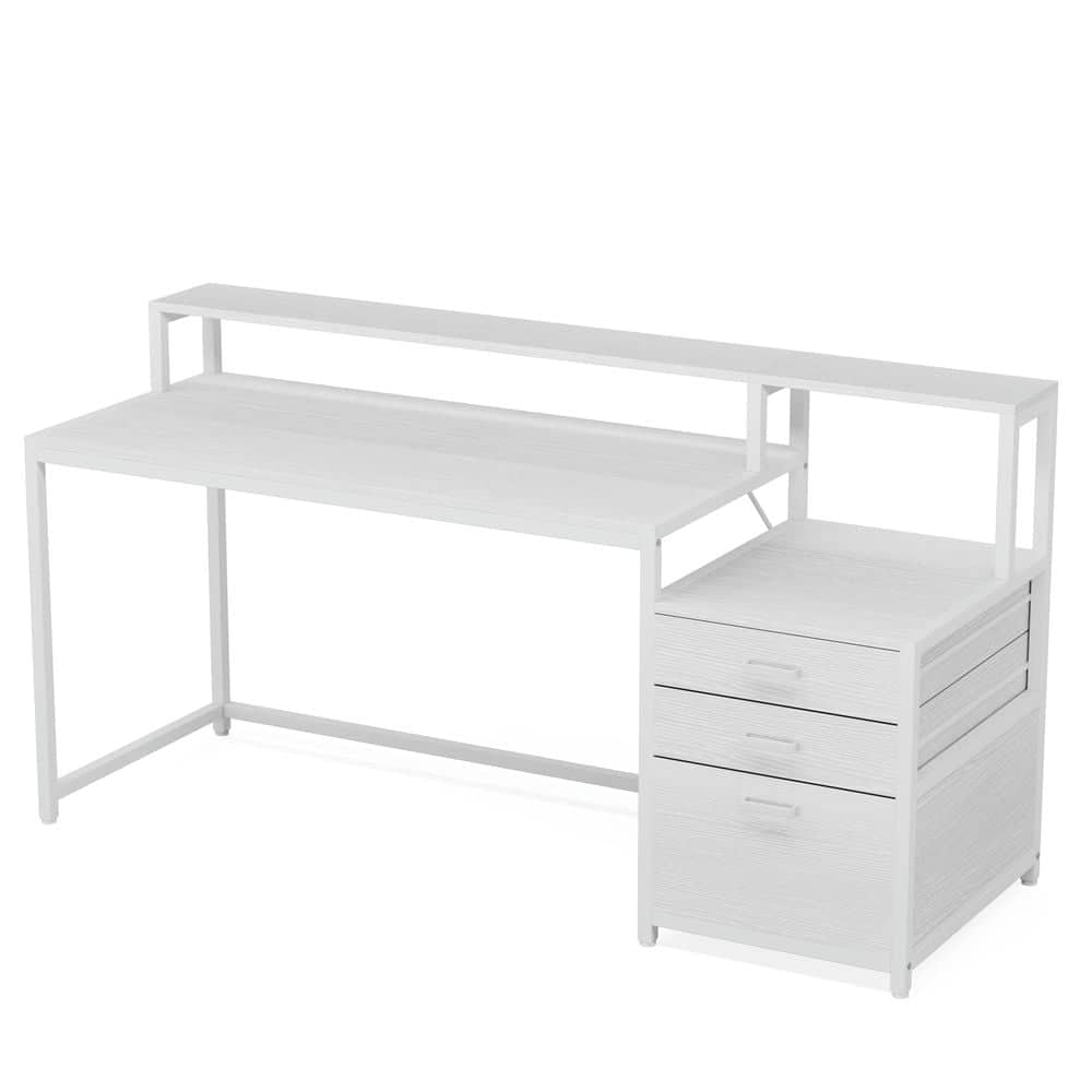 Resenkos - Kadyn Study Writing Desk, Computer Desk,63" Computer Desk, Ergonomic Office Desk with Drawers & Monitor Stand - White
