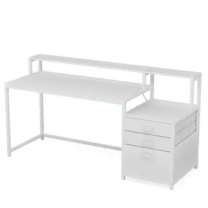 Front. Resenkos - Kadyn Study Writing Desk, Computer Desk,63" Computer Desk, Ergonomic Office Desk with Drawers & Monitor Stand,White - White.