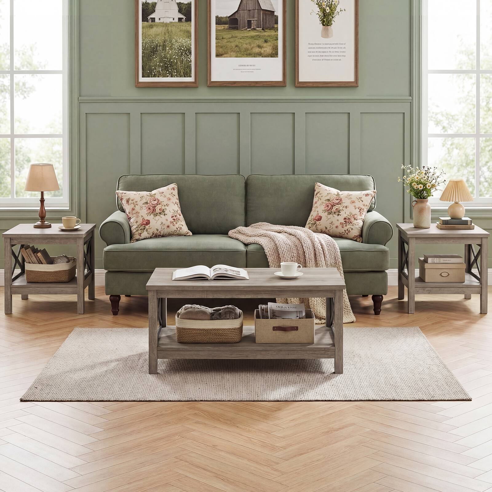 Alt View 5. Costway - Costway 1 PCS 2-Tier End Table with Storage Shelf & X-Frame, 24" Farmhouse Nightstand for Bedroom - Rustic Oak.