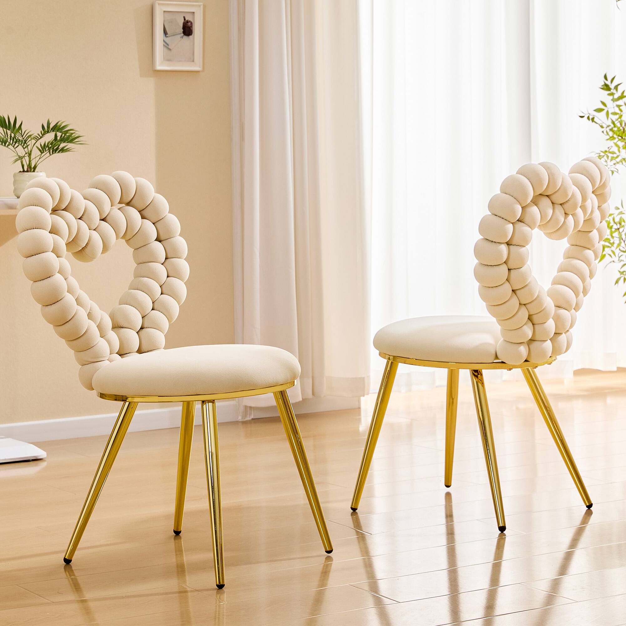 Left. Loheer - Loheer Heart Accent Chair, Bubble Tufted Velvet Dining Chair with Gold Metal Frame, Cute Vanity Seating, 2 ft - Beige,Gold.