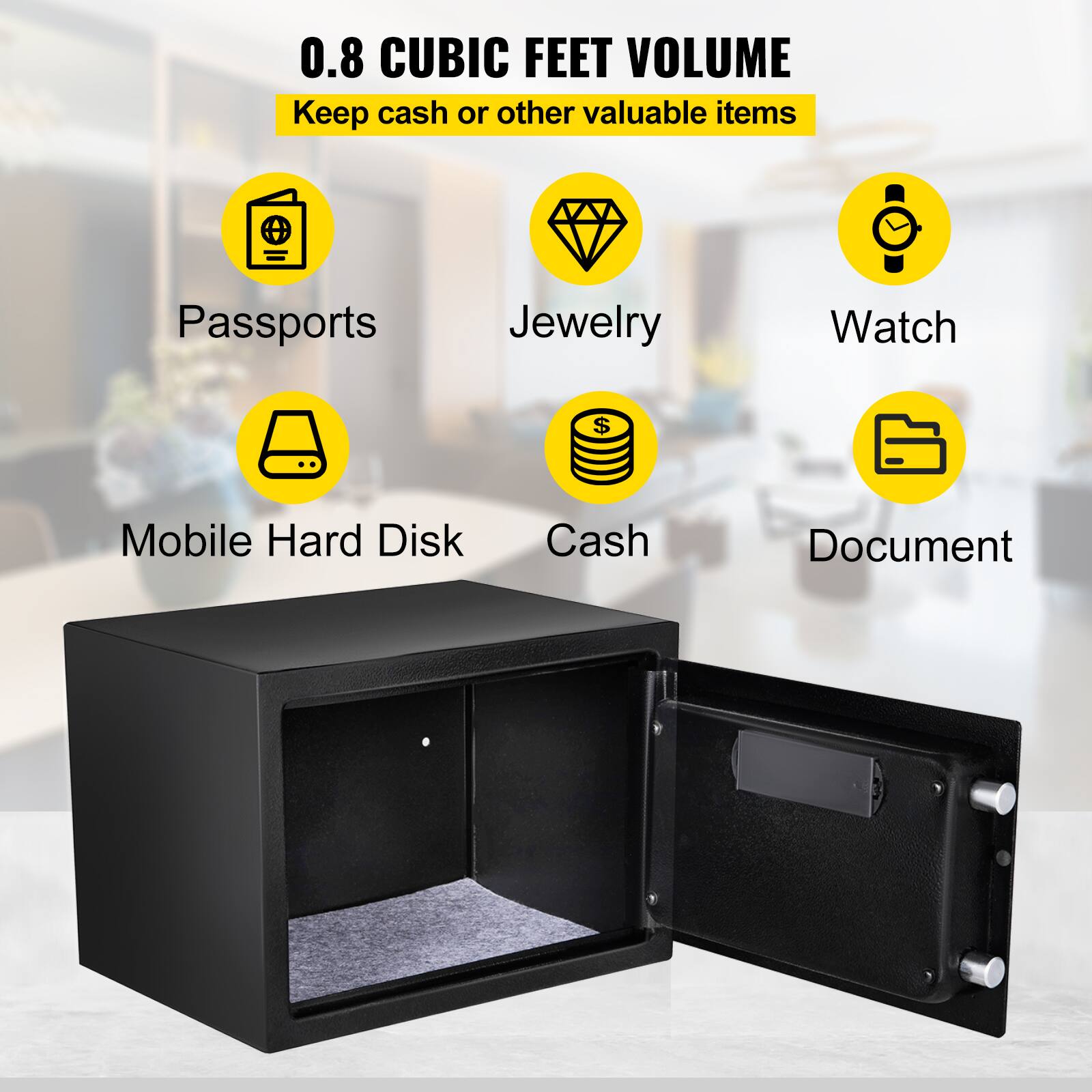 0.8 CUBIC FEET VOLUME Keep cash or other valuable items
Passports, Jewelry, Watch, Mobile Hard Disk, Cash, Document