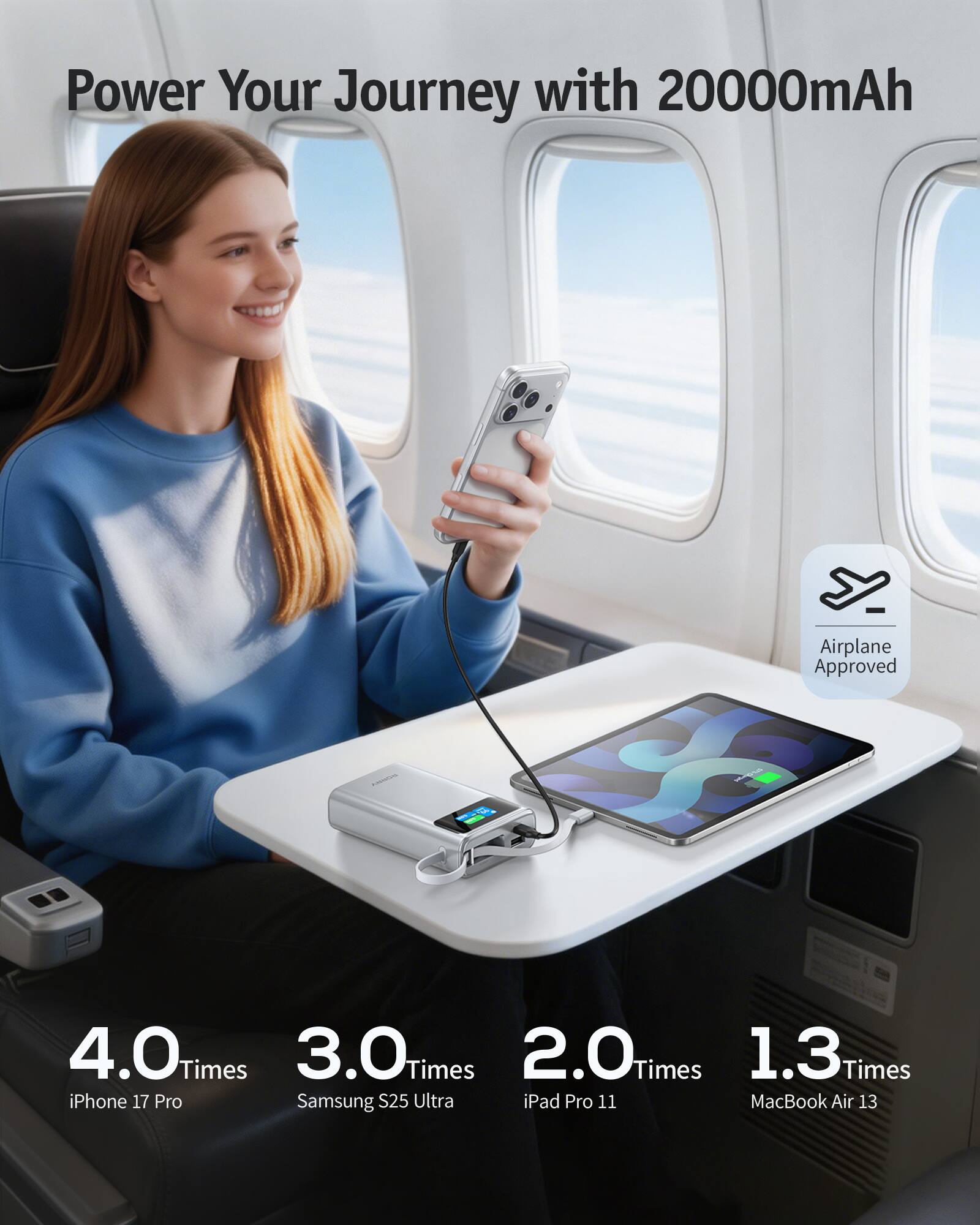 Power Your Journey with 20000mAh

Airplane Approved

4.0 Times iPhone 17 Pro  
3.0 Times Samsung S25 Ultra  
2.0 Times iPad Pro 11  
1.3 Times MacBook Air 13