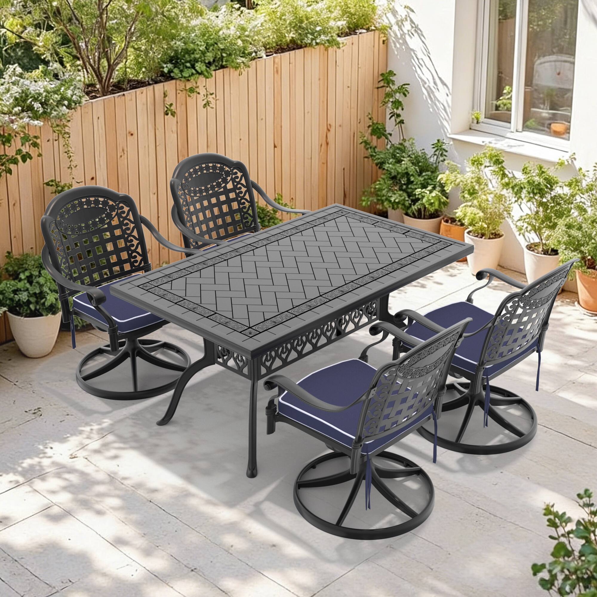 Left. Anysun - 5-Piece Cast Aluminum Outdoor Dining Set with 4 Swivel Chairs & Rectangular Table, All-Weather Patio Furniture in Black - Black.