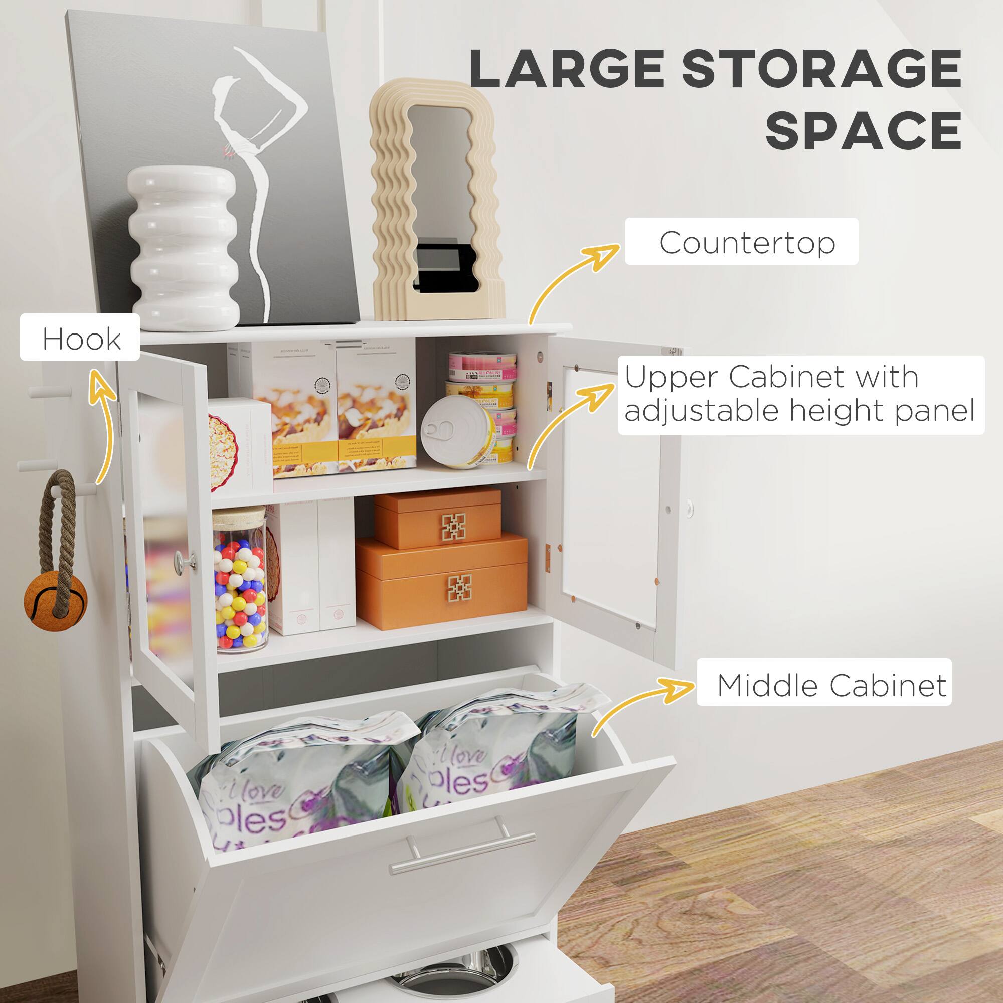 LARGE STORAGE SPACE

- Hook
- Countertop
- Upper Cabinet with adjustable height panel
- Middle Cabinet