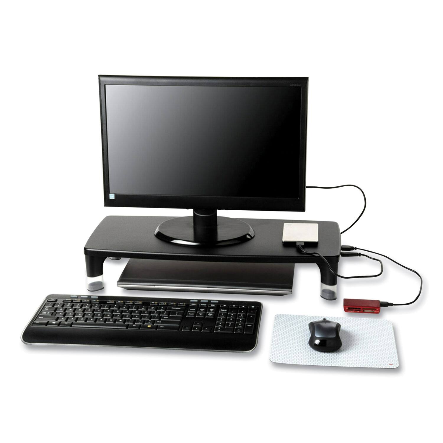 Alt View 4. 3M - 3M MS100B 21.6 in. x 9.4 in. x 2.7 in. to 3.9 in. Supports 33 lbs. Monitor Stand MS100B/Clear - Black/Clear.