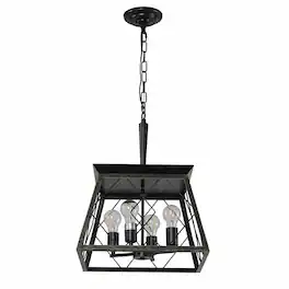 RYHNUYNE - 16-Inch Industrial Black and Gold 4-Light Pendant Chandelier with Metal Cage Shade, Adjustable Chain for Kitchen Island