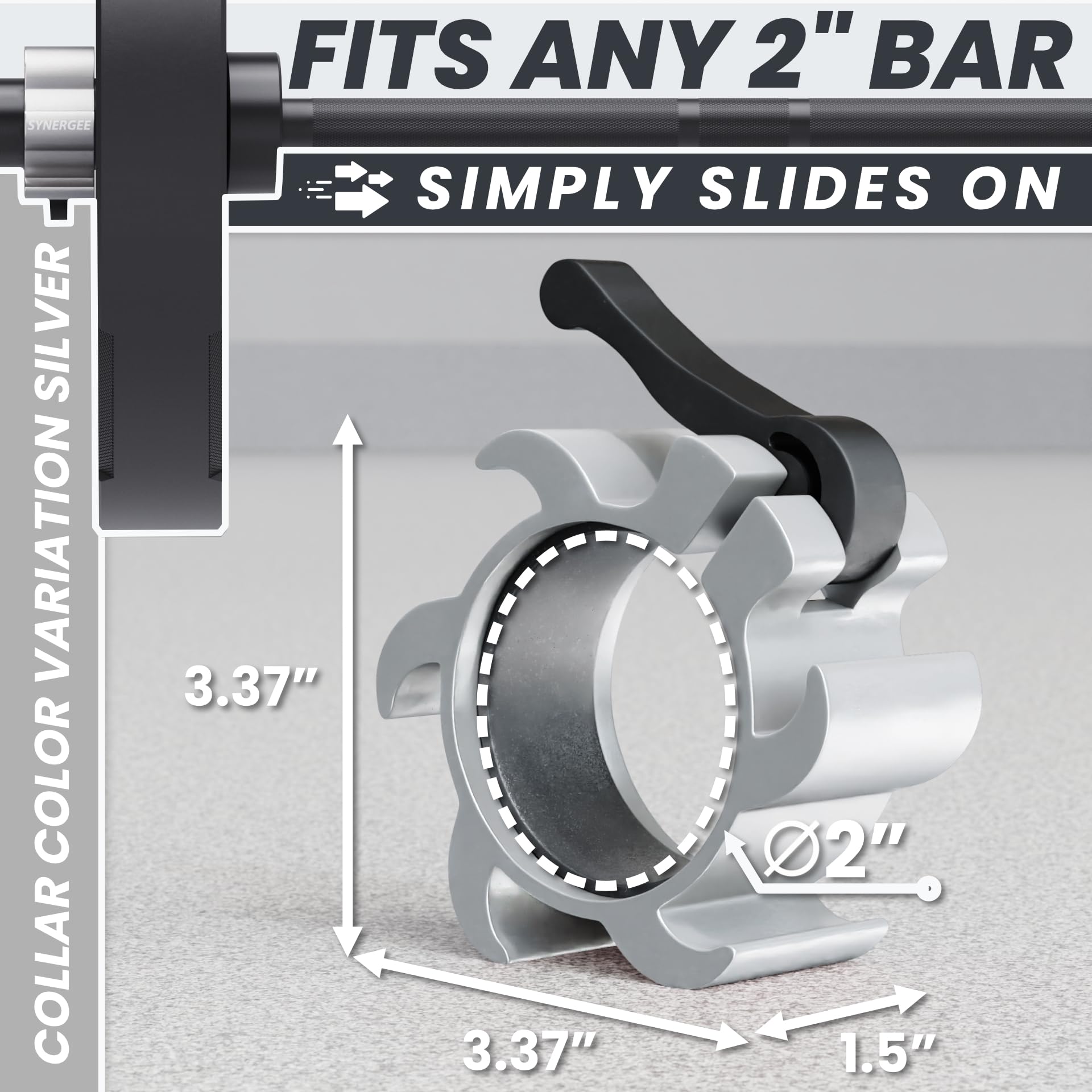 Sure, here is the corrected and grouped text from the image:

- **SYNERGEE**
- **COLLAR VARIATION SILVER**
- **FITS ANY 2" BAR**
- **SIMPLY SLIDES ON**
- **3.37"**
- **2"**
- **1.5"**