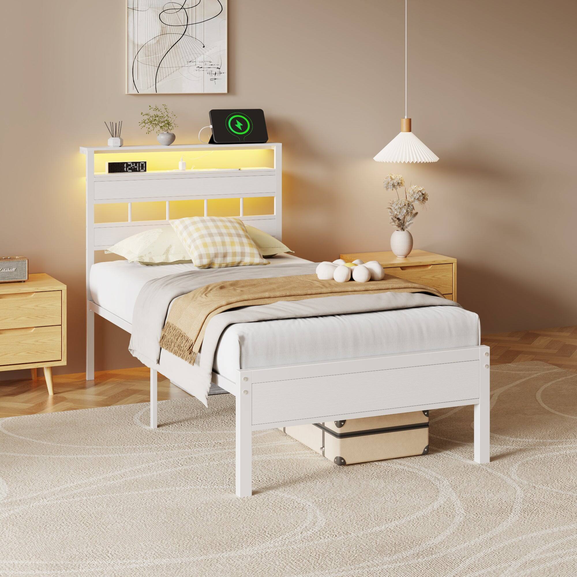 Front. Furnulem - Bed Frame with 2-Tier Shelves Charging Station  LED Lights Metal Slats Wood Headboard - White.