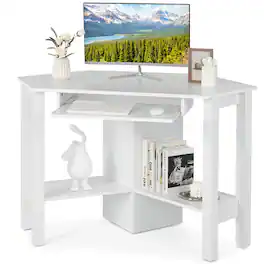 Costway - Wooden Corner Desk With Drawer Computer PC Table Study Office Room - White