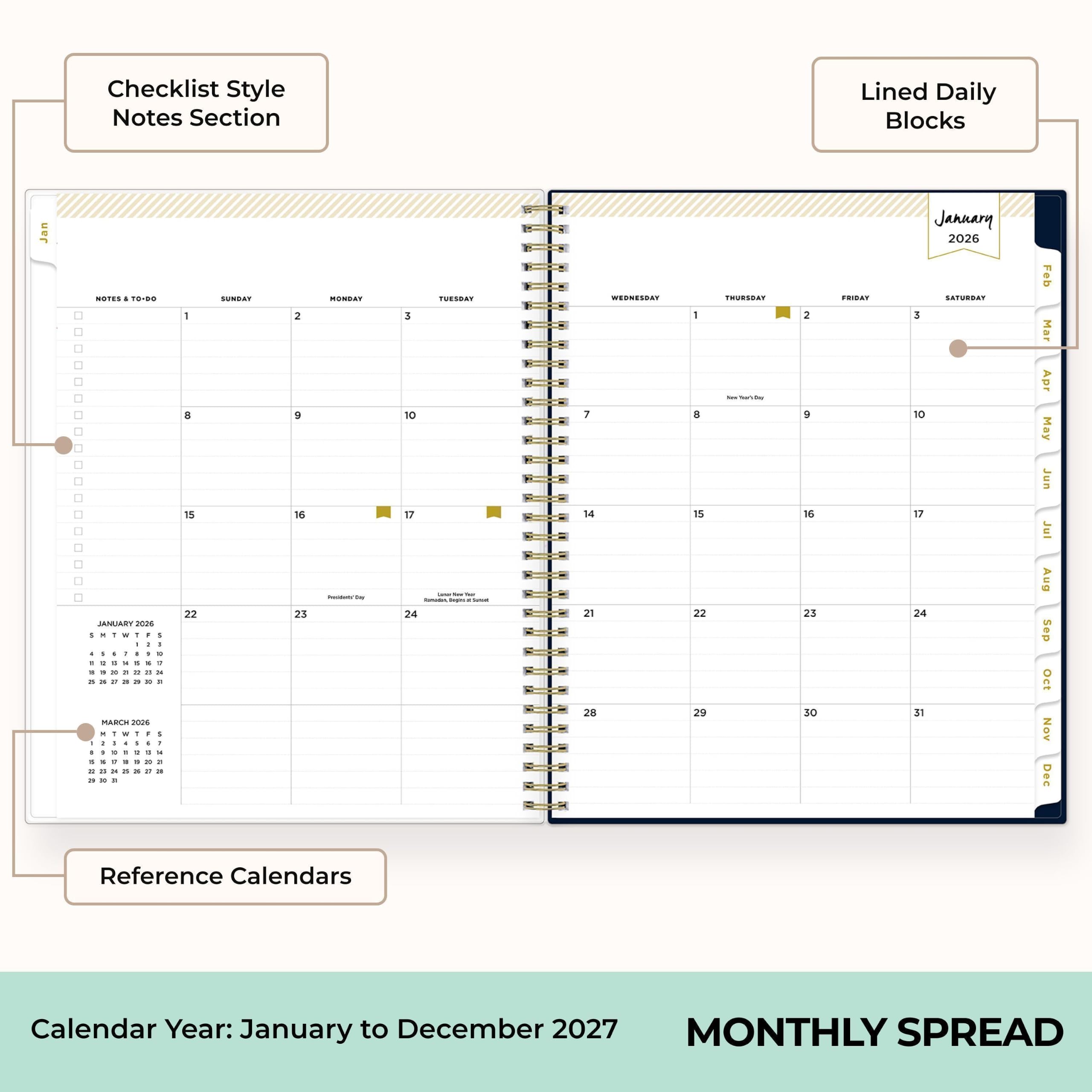 Checklist Style Notes Section

Lined Daily Blocks

NOTES: TO-DO PRAUVIAL 2025

Jan
1 2 3 4 5 6 7 8 9 10 11 12 13 14 15 16 17 18 19 20 21 22 23 24 25 26 27 28 29 30 31

SUNDAY
1 8 15 22 29

MONDAY
2 9 16 23

TUESDAY
3 10 17 24

WEDNESDAY
4 11 18 25

THURSDAY
5 12 19 26

FRIDAY
6 13 20 27

SATURDAY
7 14 21 28

Reference Calendars

JANUARY 2026
SUN MON TUE WED THU FRI SAT
1 2 3 4 5
