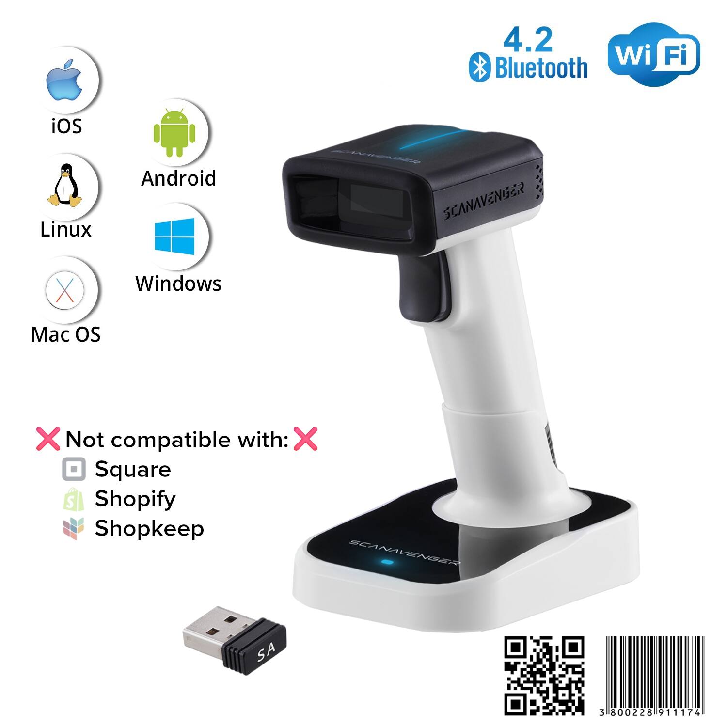 4.2 Wi-Fi Bluetooth  
iOS, Android, Linux, Windows  
Not compatible with: Square, Shopify, Shopkeep  
Mac OS X  

SCANAVENGER X  
SA 300228 911174