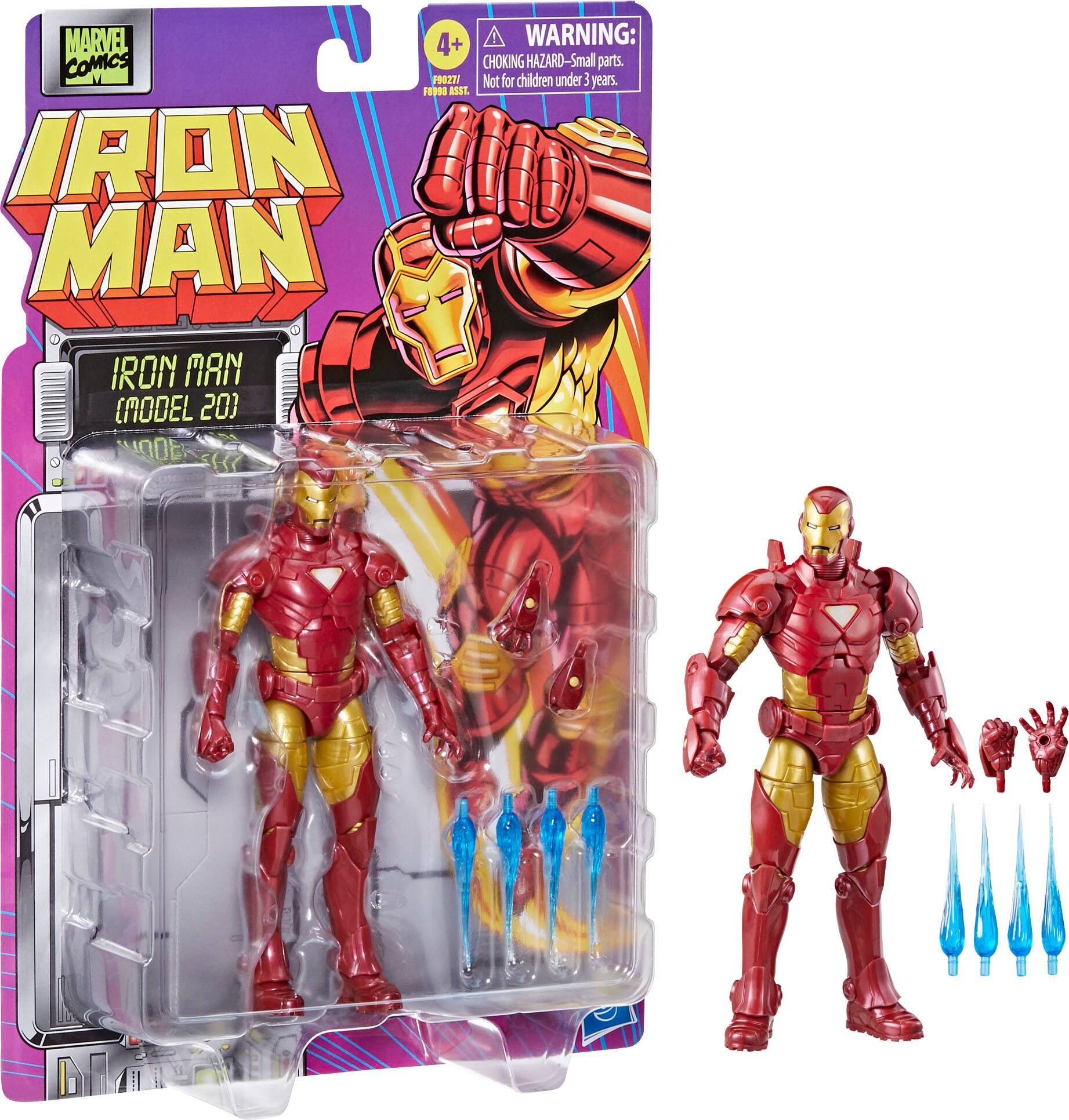 The image features a red Iron Man action figure and a small Iron Man model. The action figure is wearing a red suit and is standing next to the model. The packaging warns that the toy contains small parts, which could pose a choking hazard for children under the age of 1. The toy is suitable for children aged 4 and above.