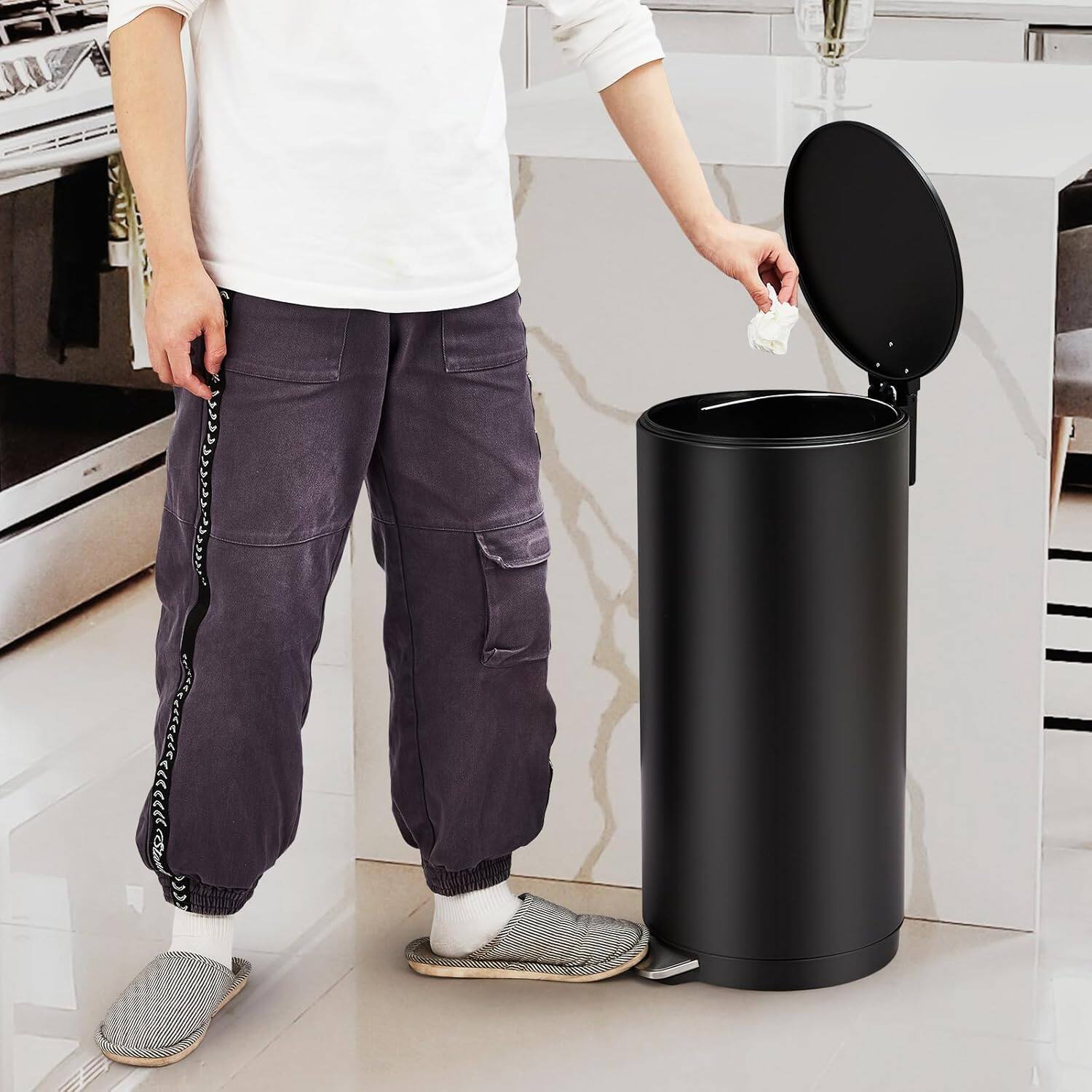Alt View 1. Babevy - 8 Gallon Round Trash Can, Stainless Steel Garbage Can with Soft-Close Lid - Black.