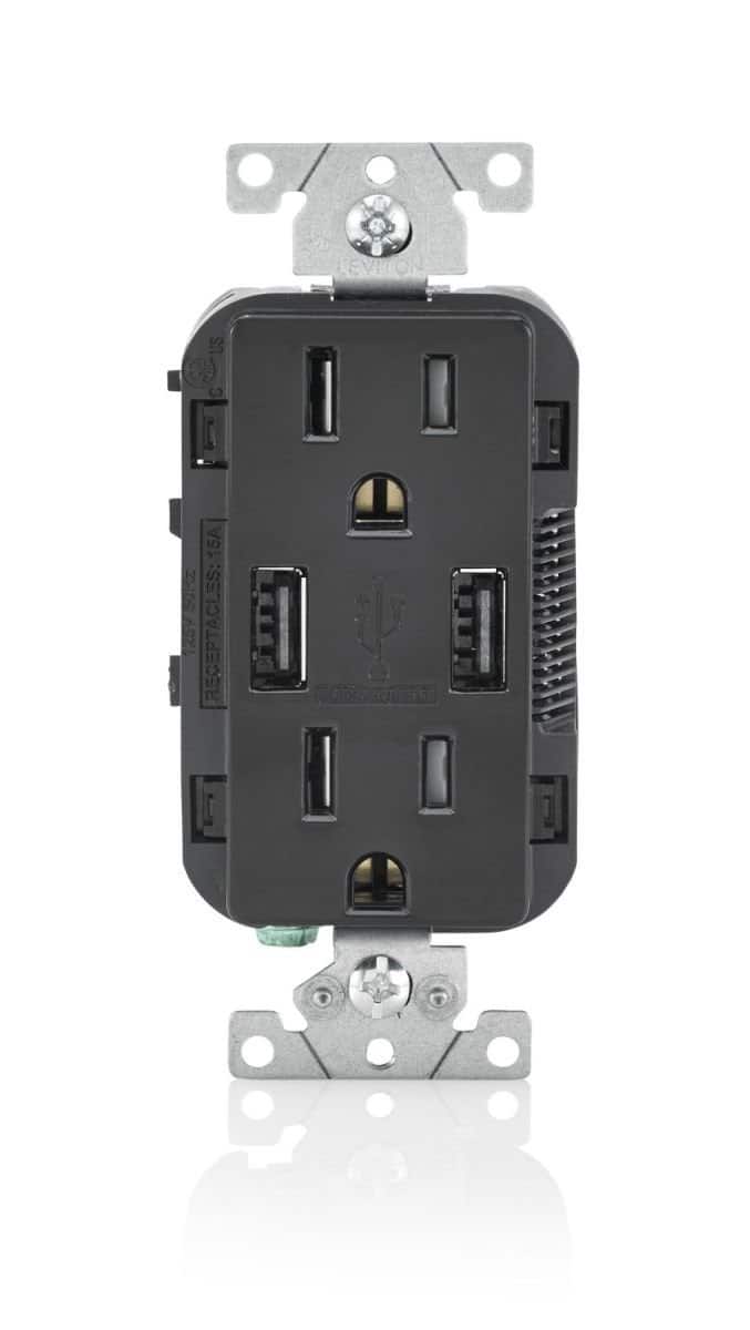 Leviton - 15A 125V Outlet with Dual USB Charger - Black